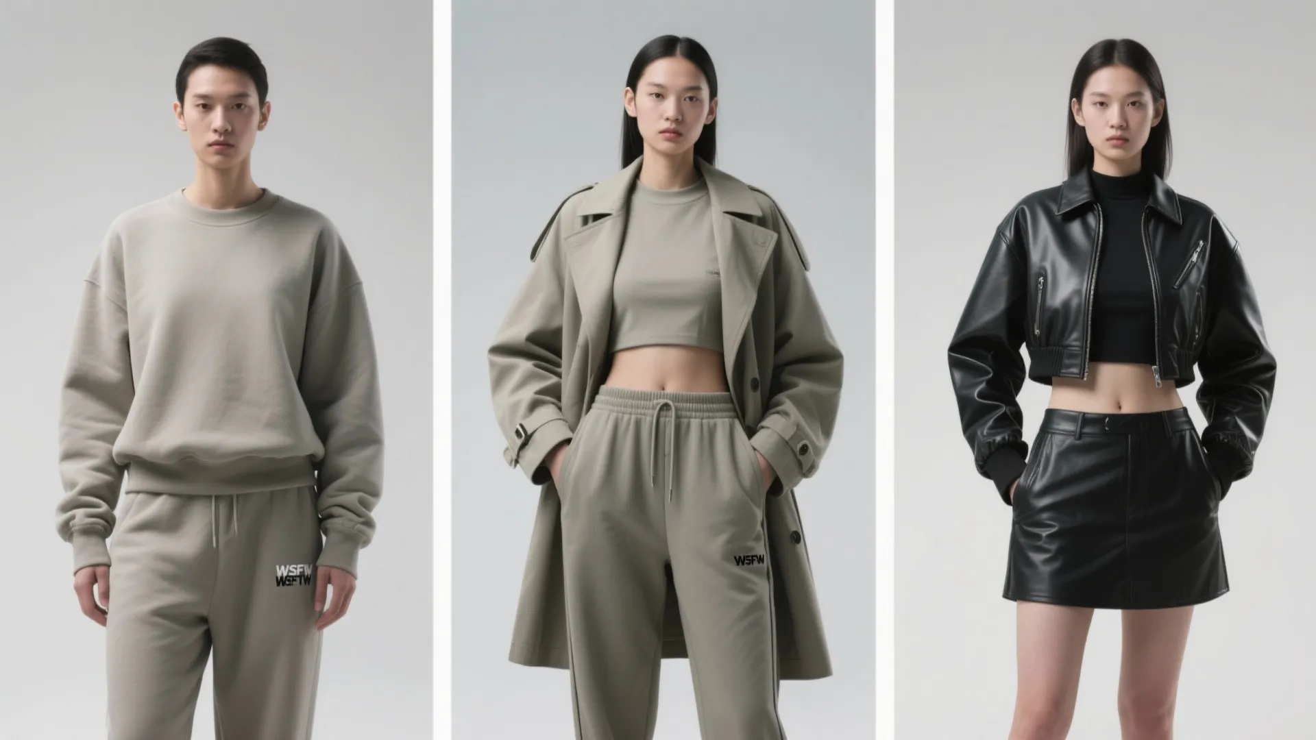 Three look variations showing tucked sweatshirt, oversized coat, and cropped moto jacket with a pink tracksuit.