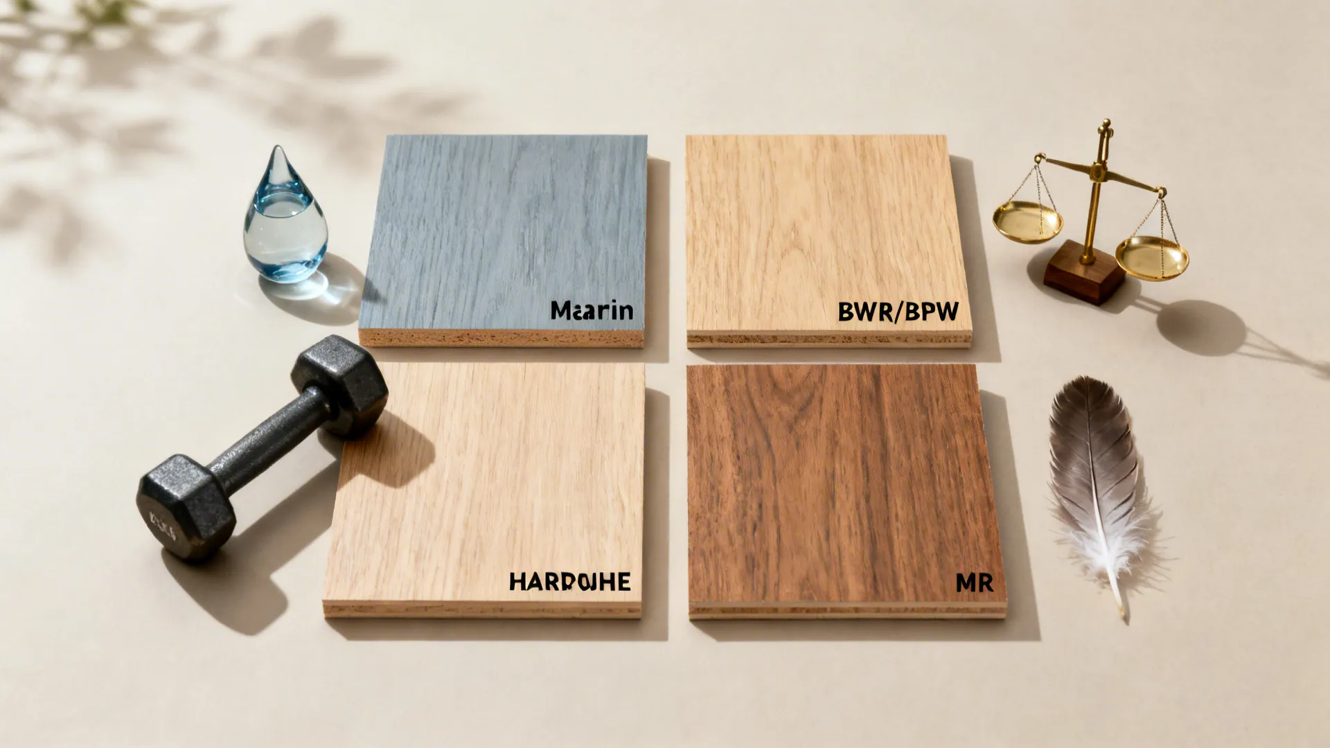 Four wood samples compared with a water drop scale weight and feather to show material features