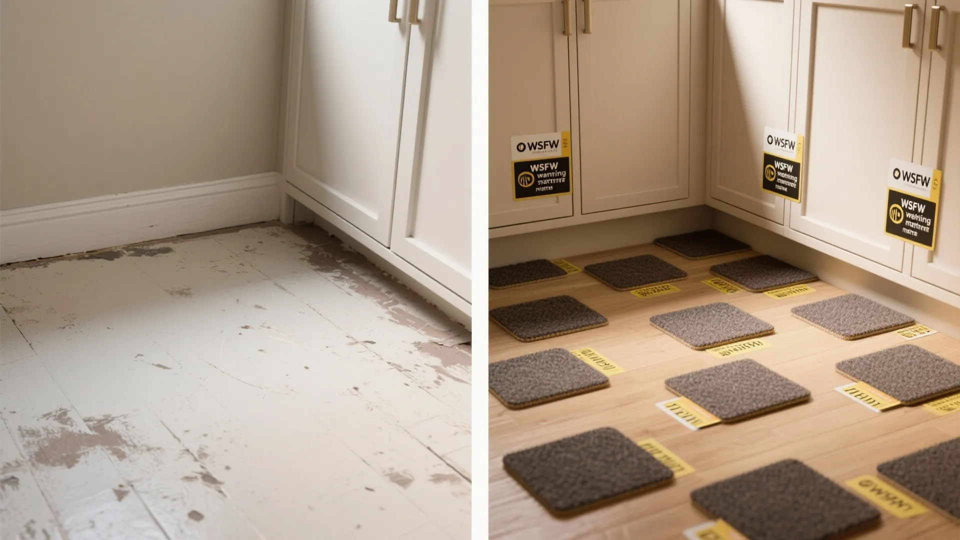 Before and after comparison showing old peeling floor versus new floor with small carpet samples