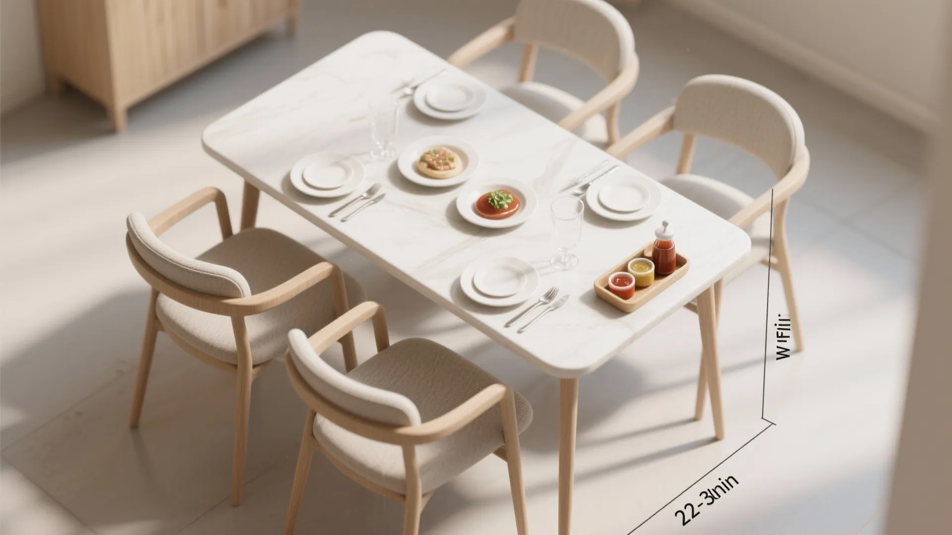 White dining table with four chairs and food plates showing room layout with measurement lines