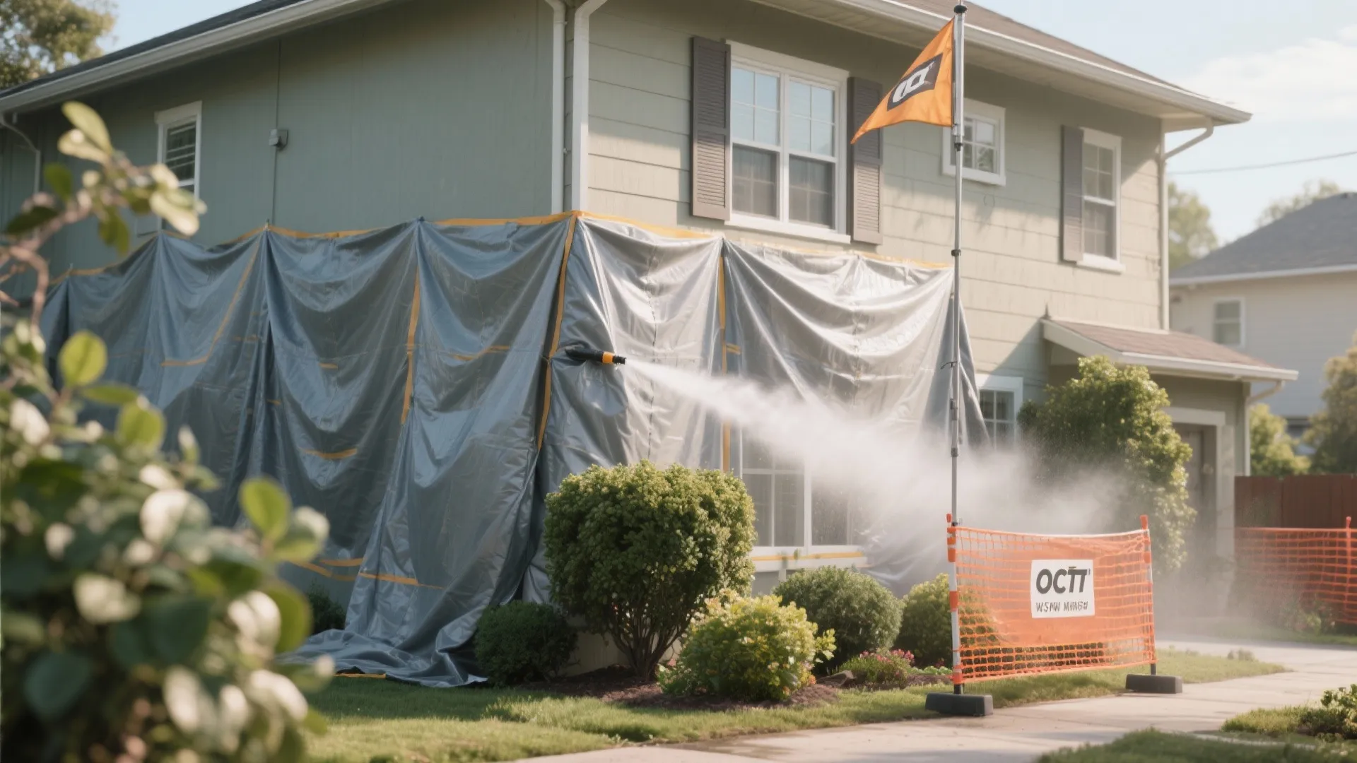 House exterior with protective plastic sheets and mist sprayer cleaning the walls and front garden
