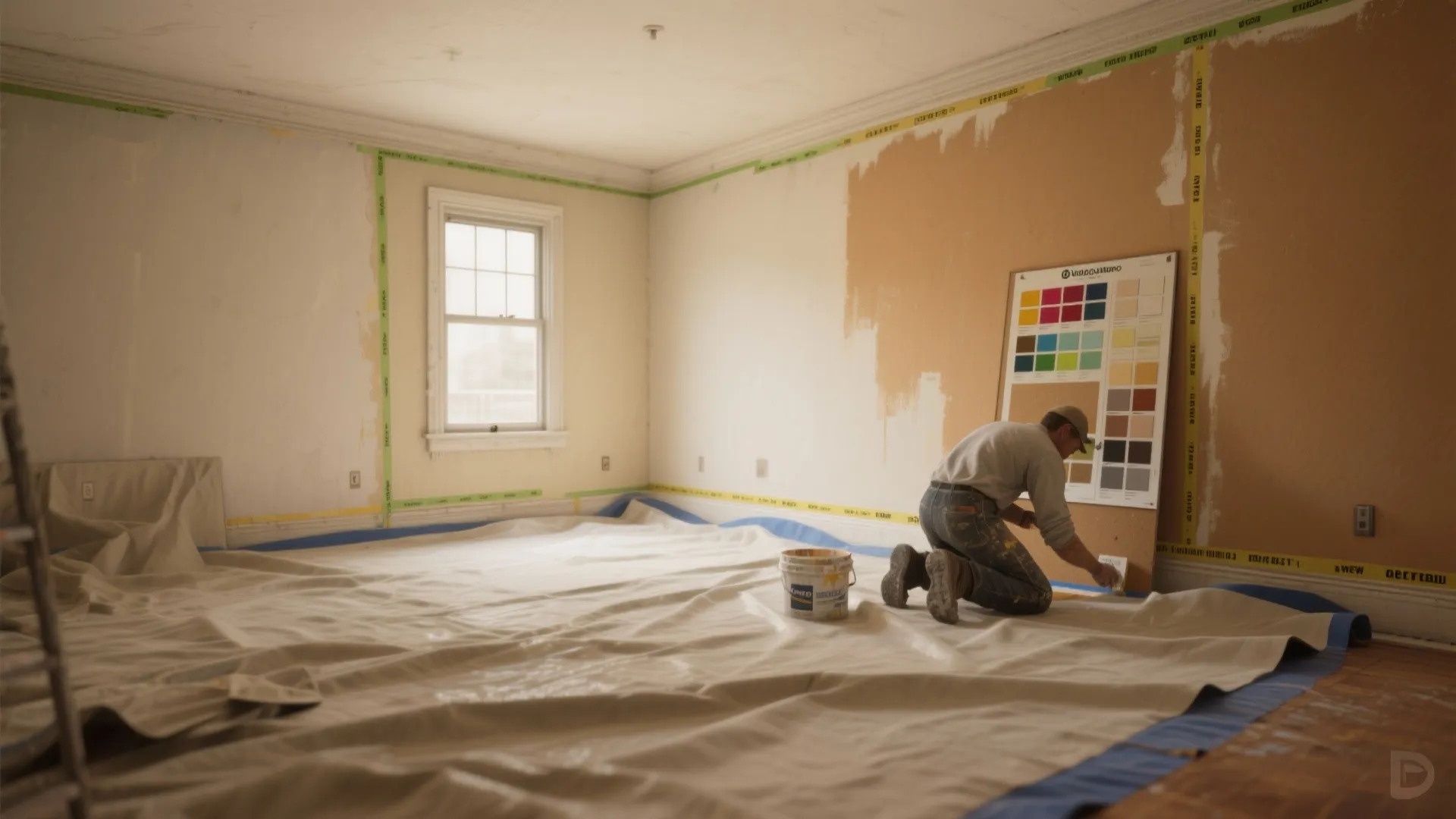 Worker kneeling in a room with floor protection and tape choosing colors from a board