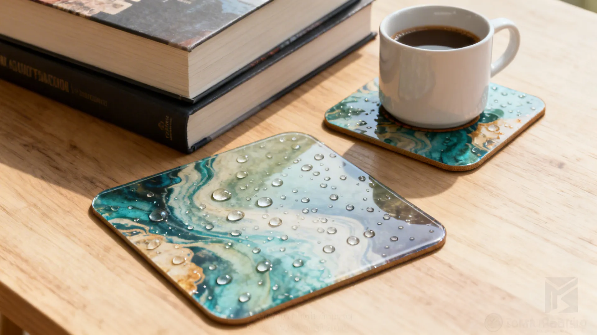 Waterproof coaster and protective mat beside books on a coffee table to prevent stains