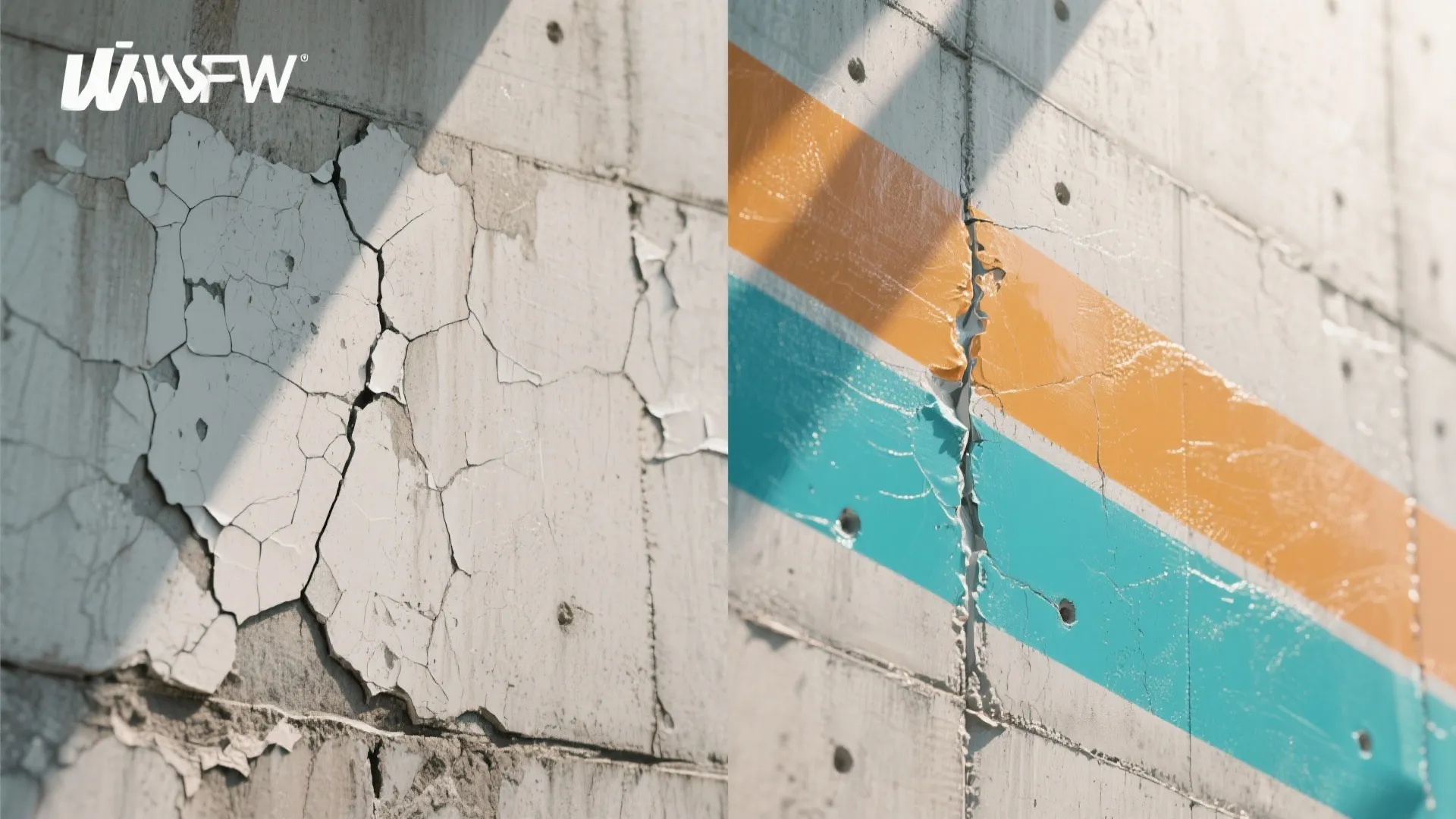 Before and after comparison of a cracked grey wall versus a smooth blue orange surface