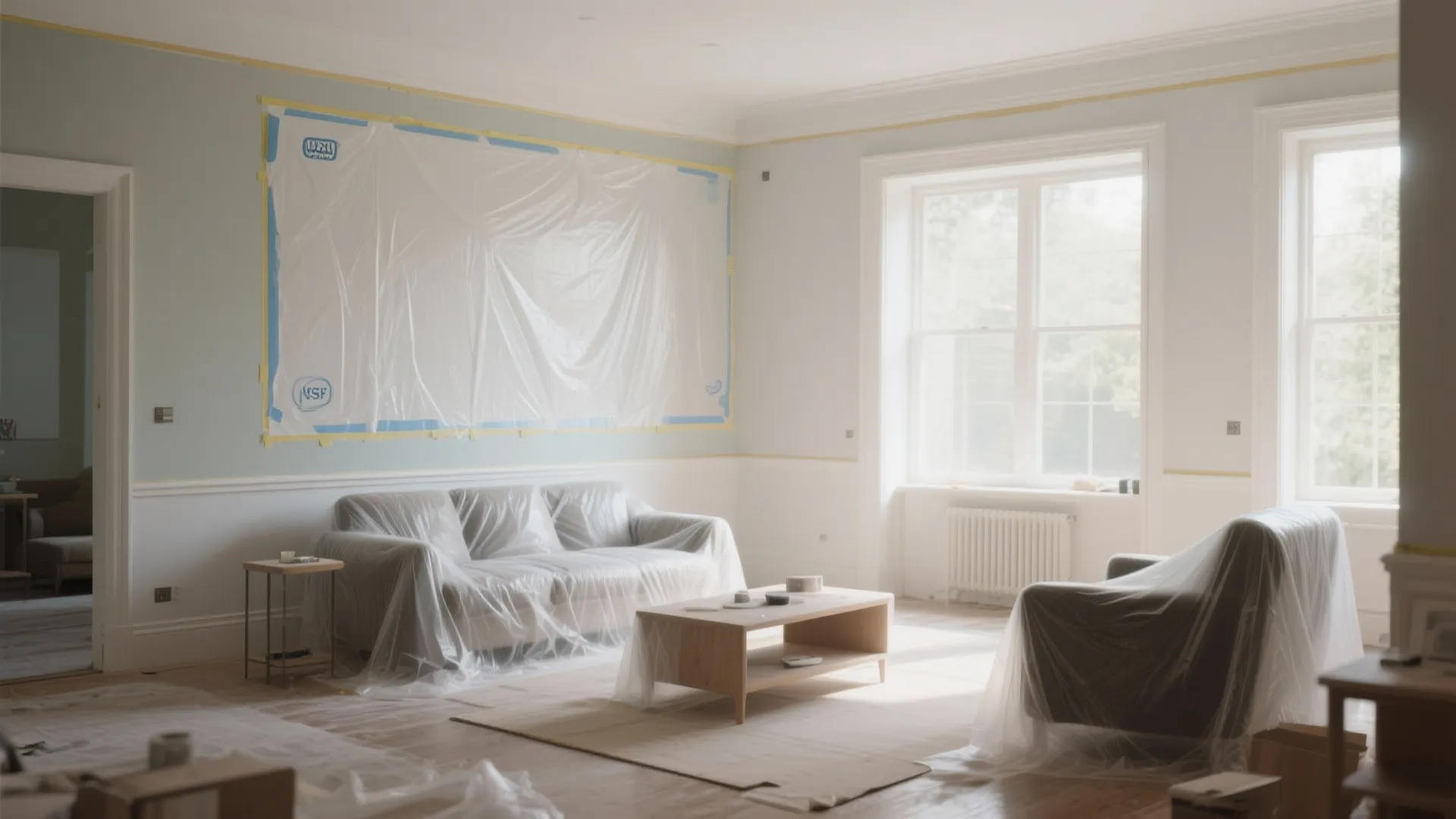 Living room furniture covered in plastic protective film during home renovation with large bright windows