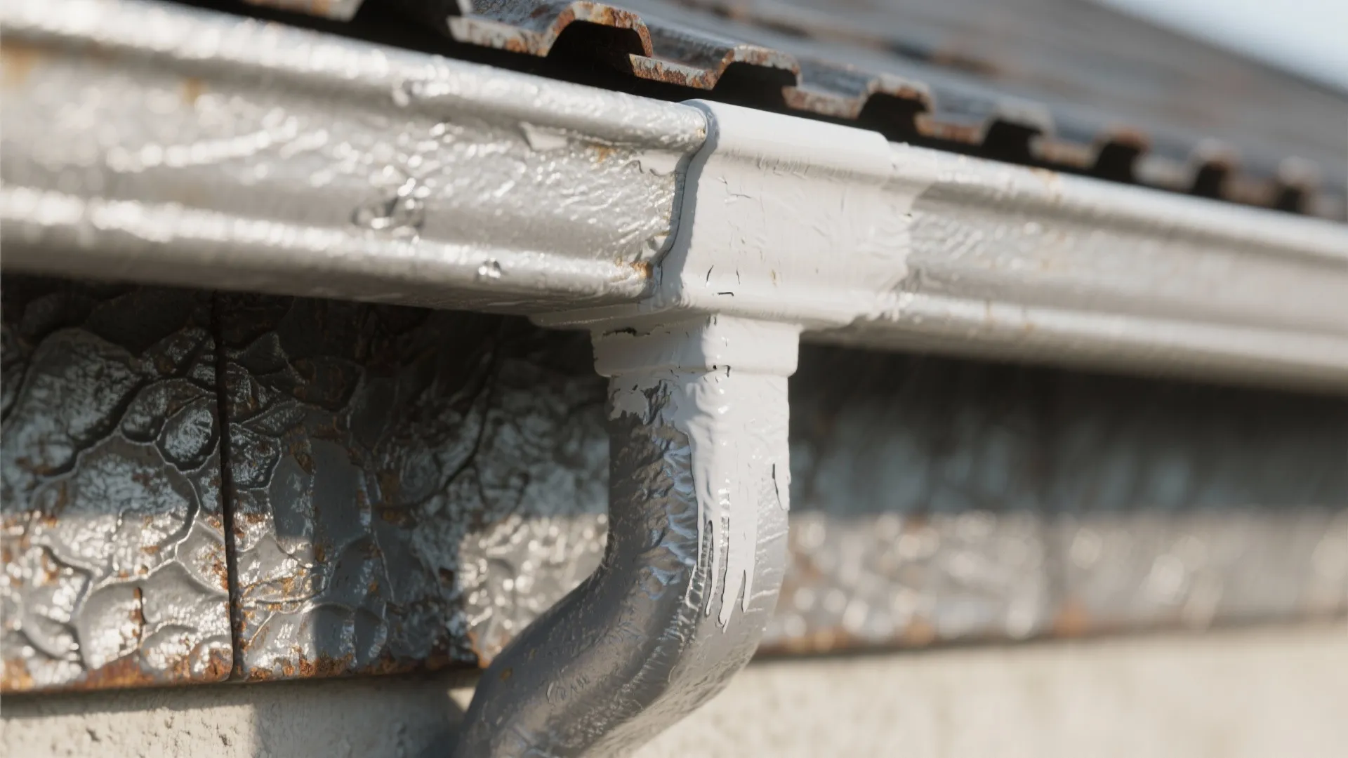 Metal roof gutter being painted with thick white protective paint to cover a rusty surface