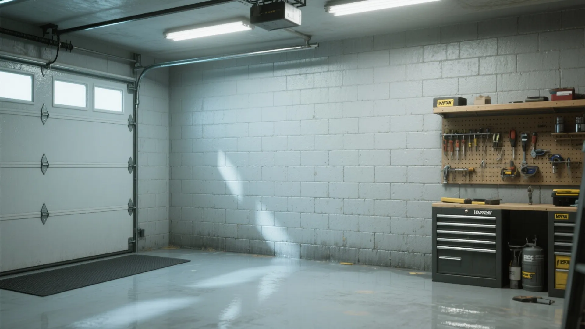 Clean residential garage with white brick walls wooden workbench tool organizer black cabinet and ceiling lights
