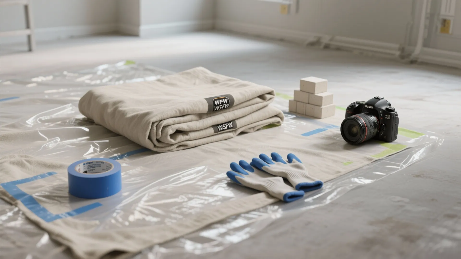 Flatlay of painting protection materials: drop cloths, plastic, tape, gloves, and furniture-raising blocks.
