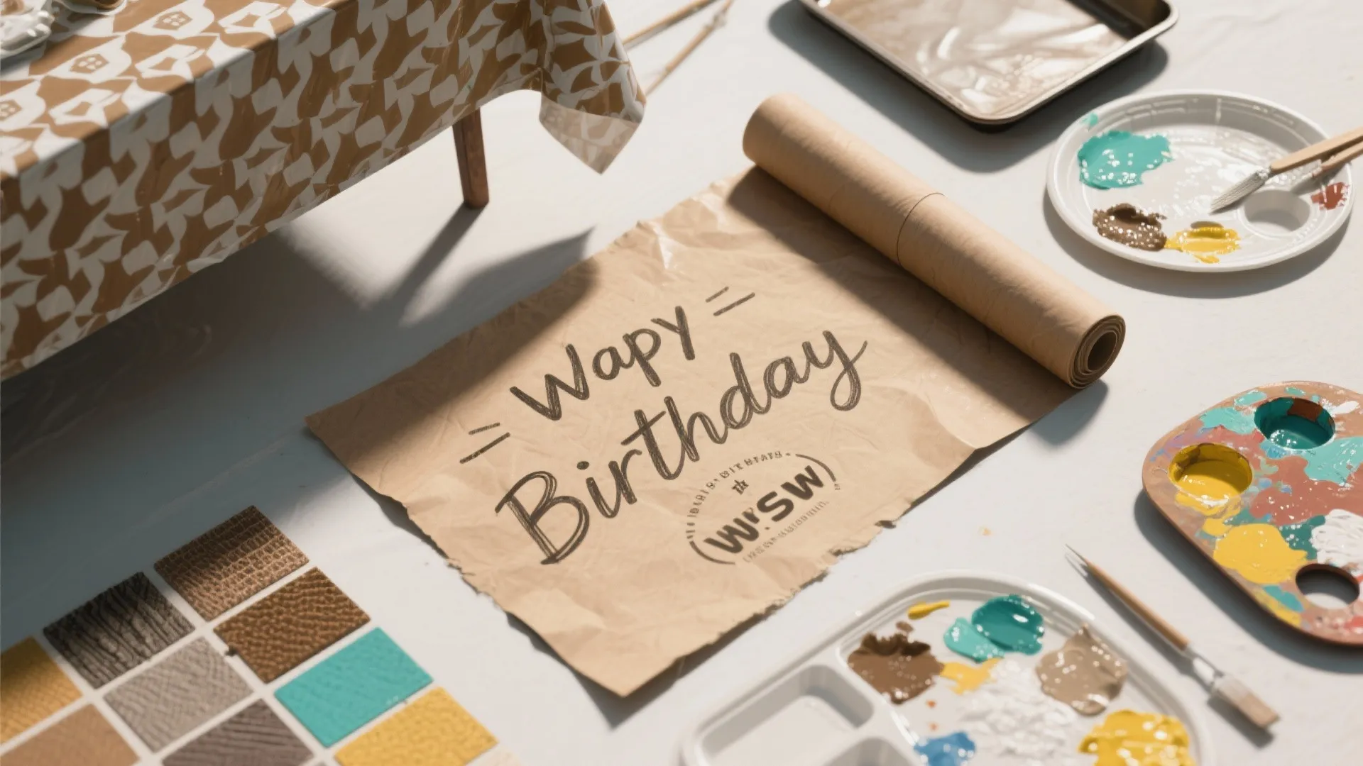 Table with birthday paper, paint palettes, brushes, color swatches, and a brown paper roll display