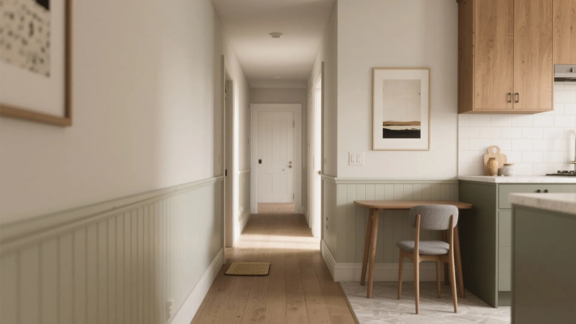 Modern hallway with wooden floor light green wall panel small desk and chair near kitchen