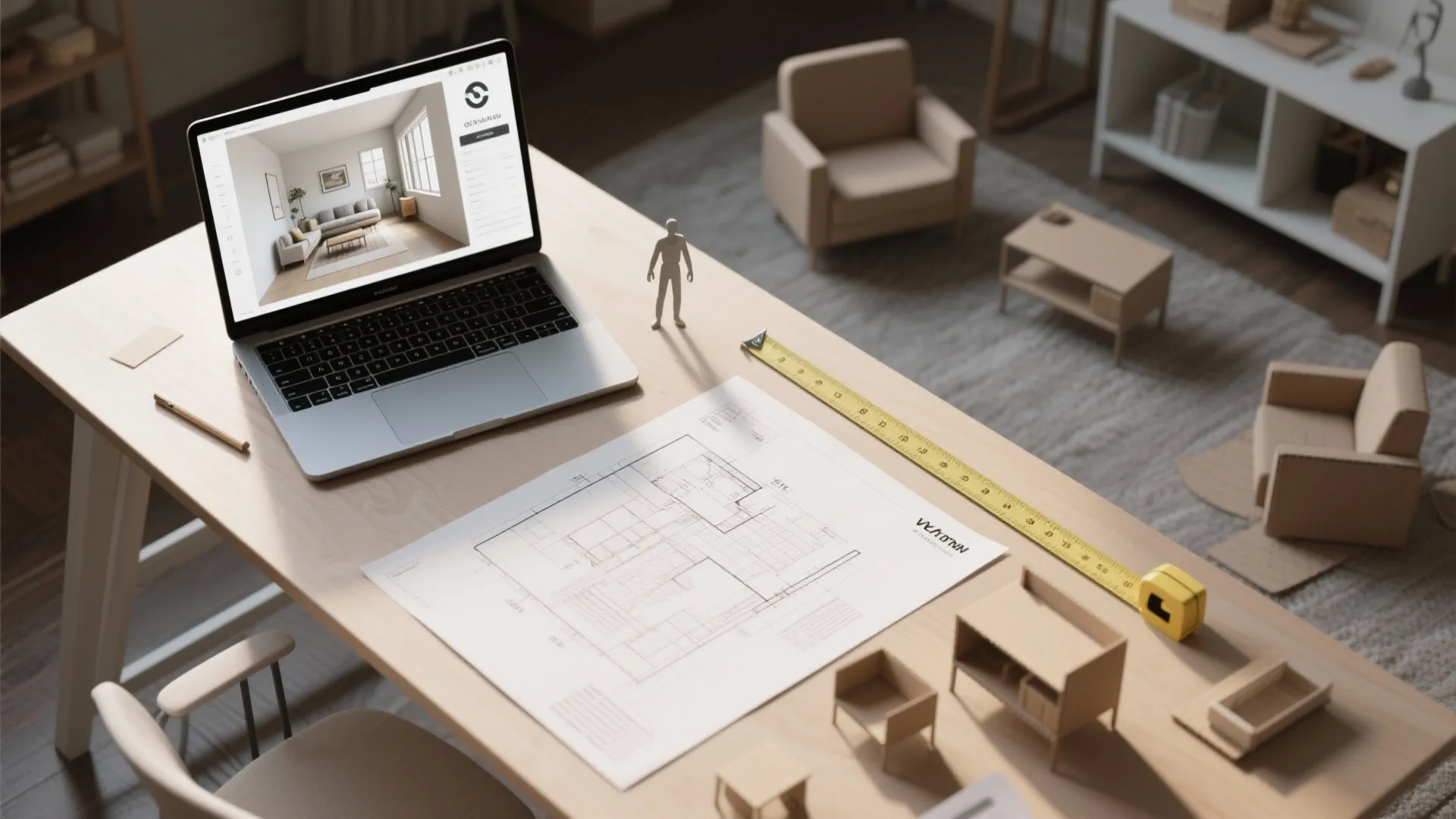 Interior design drawing on table with laptop showing 3D room model and yellow measuring tape