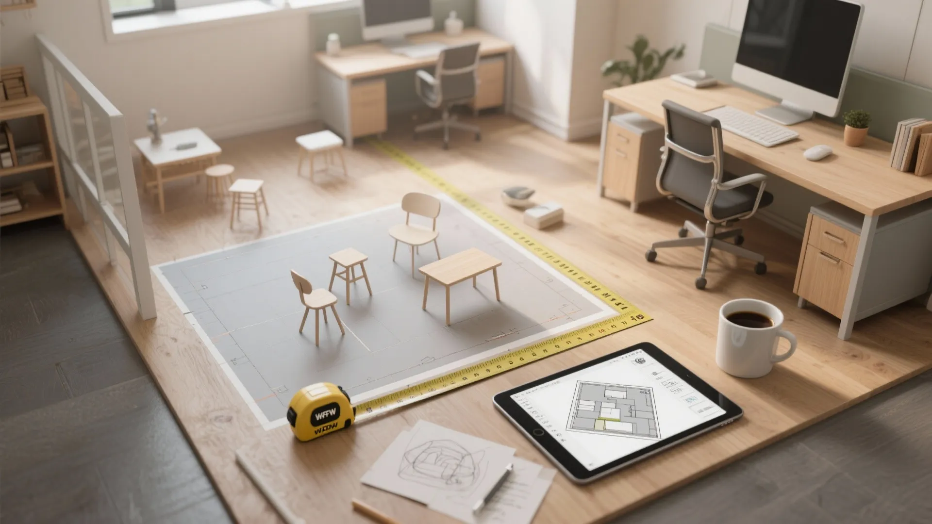 Top-down view of prototyping a layout with tape on the floor, mockup furniture and a tablet 3D preview.