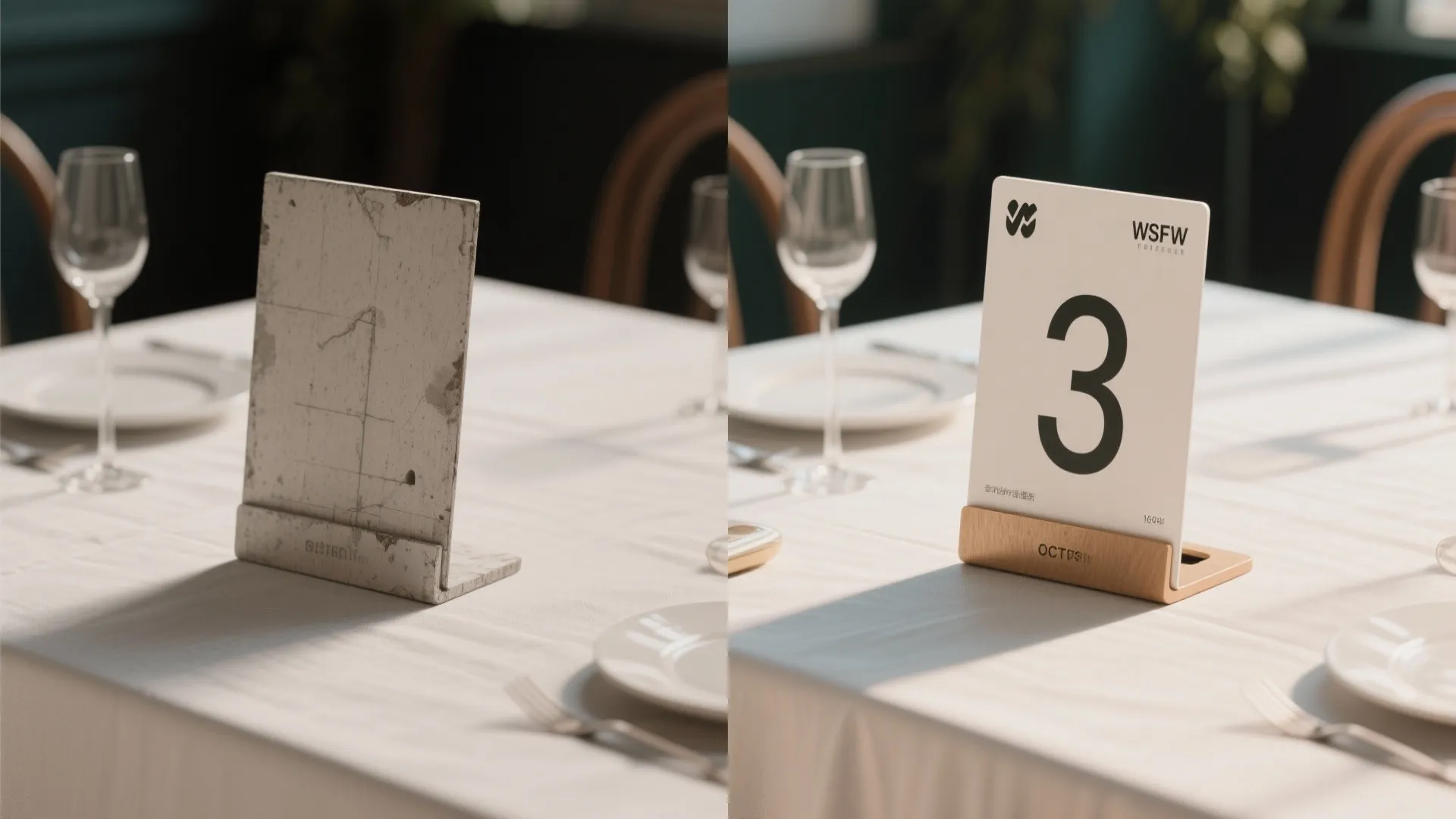Split comparison of a prototype table number holder next to the polished final version showing improvements in stability and legibility.