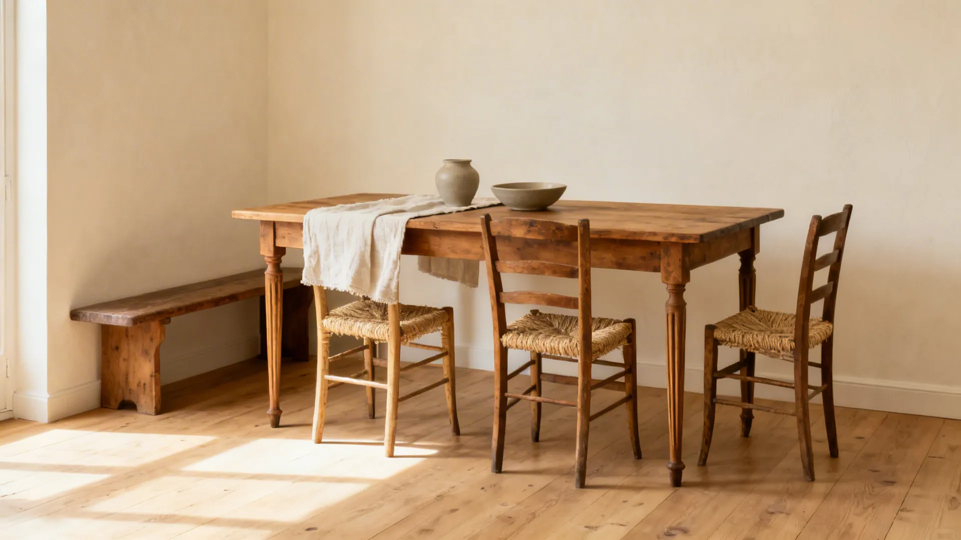 Slim Provençal farmhouse table with rush-seat chairs and bench against a wall.
