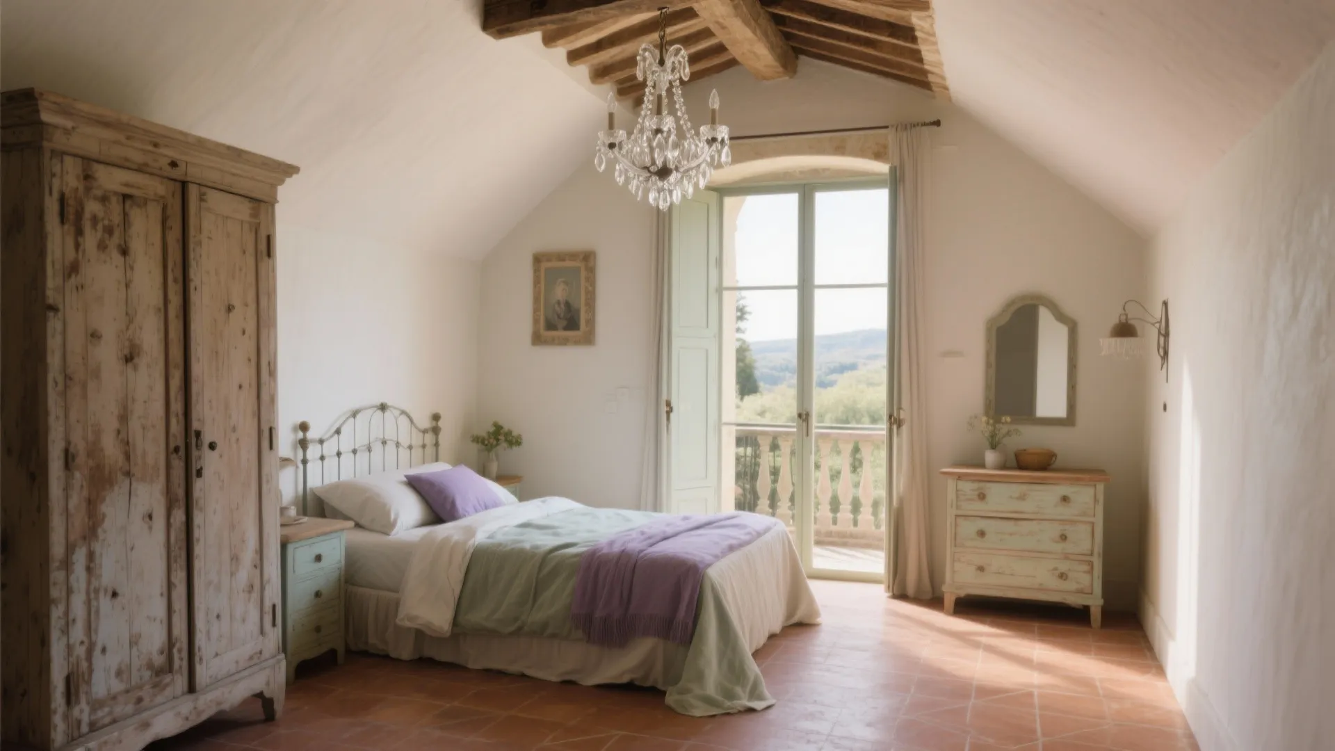 French country bedroom with wooden beams ceiling light vintage wardrobe purple bed and open balcony