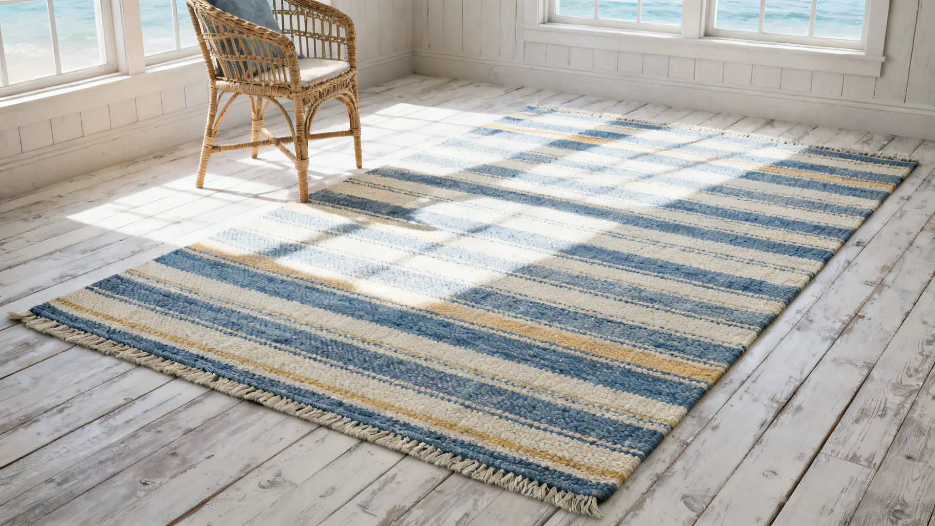Provencal striped flatweave rug in muted blues, creams and ochres in a seaside cottage