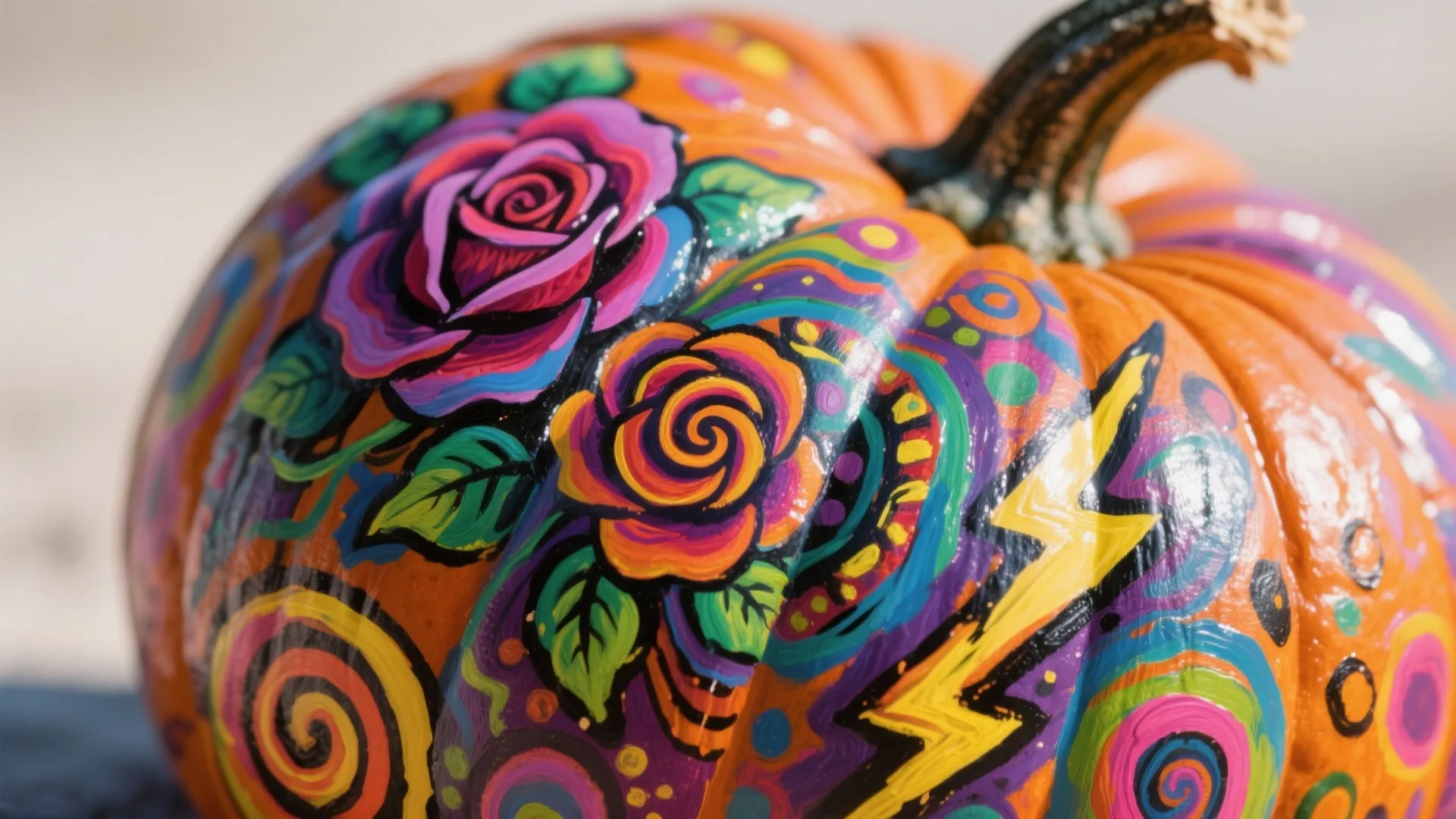Orange pumpkin with colorful painted flowers and swirls for creative and fun Halloween festive decor