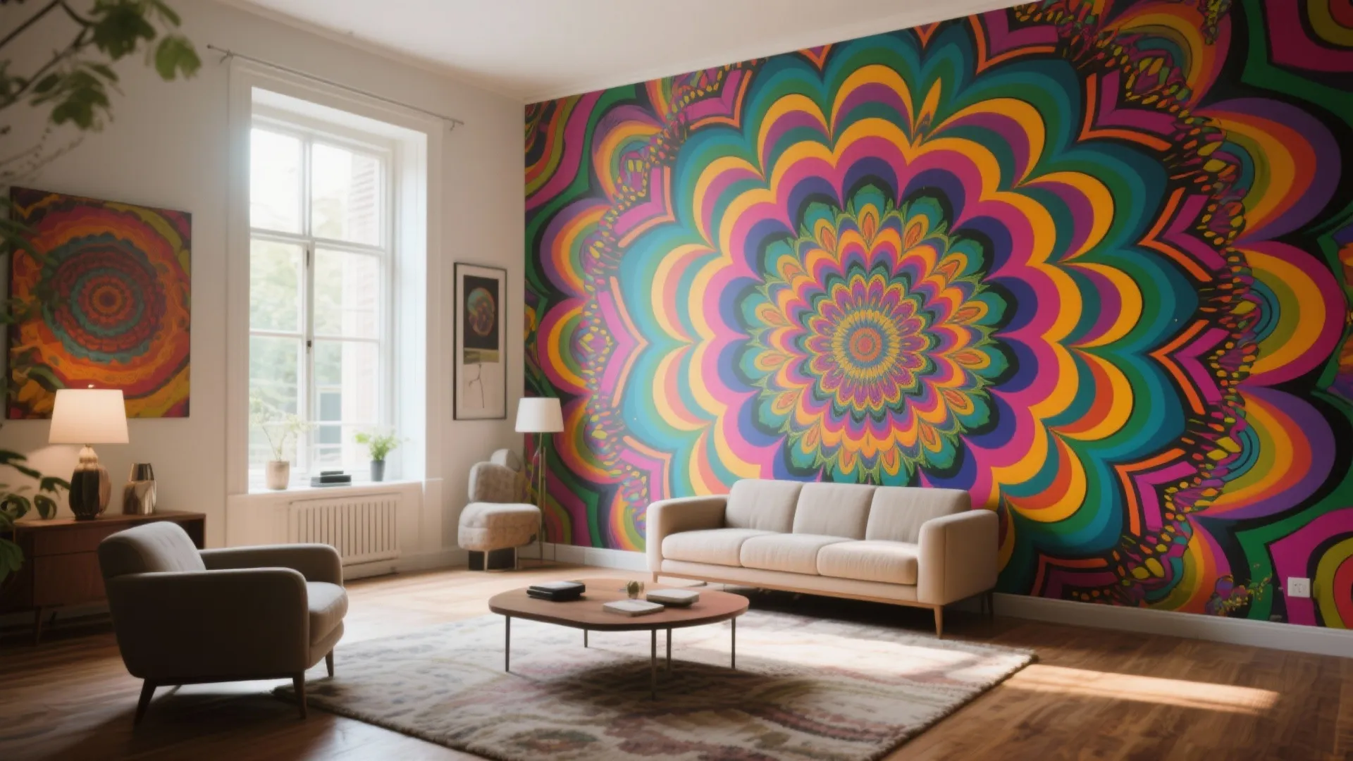 Room with colorful kaleidoscope mural and neutral furniture