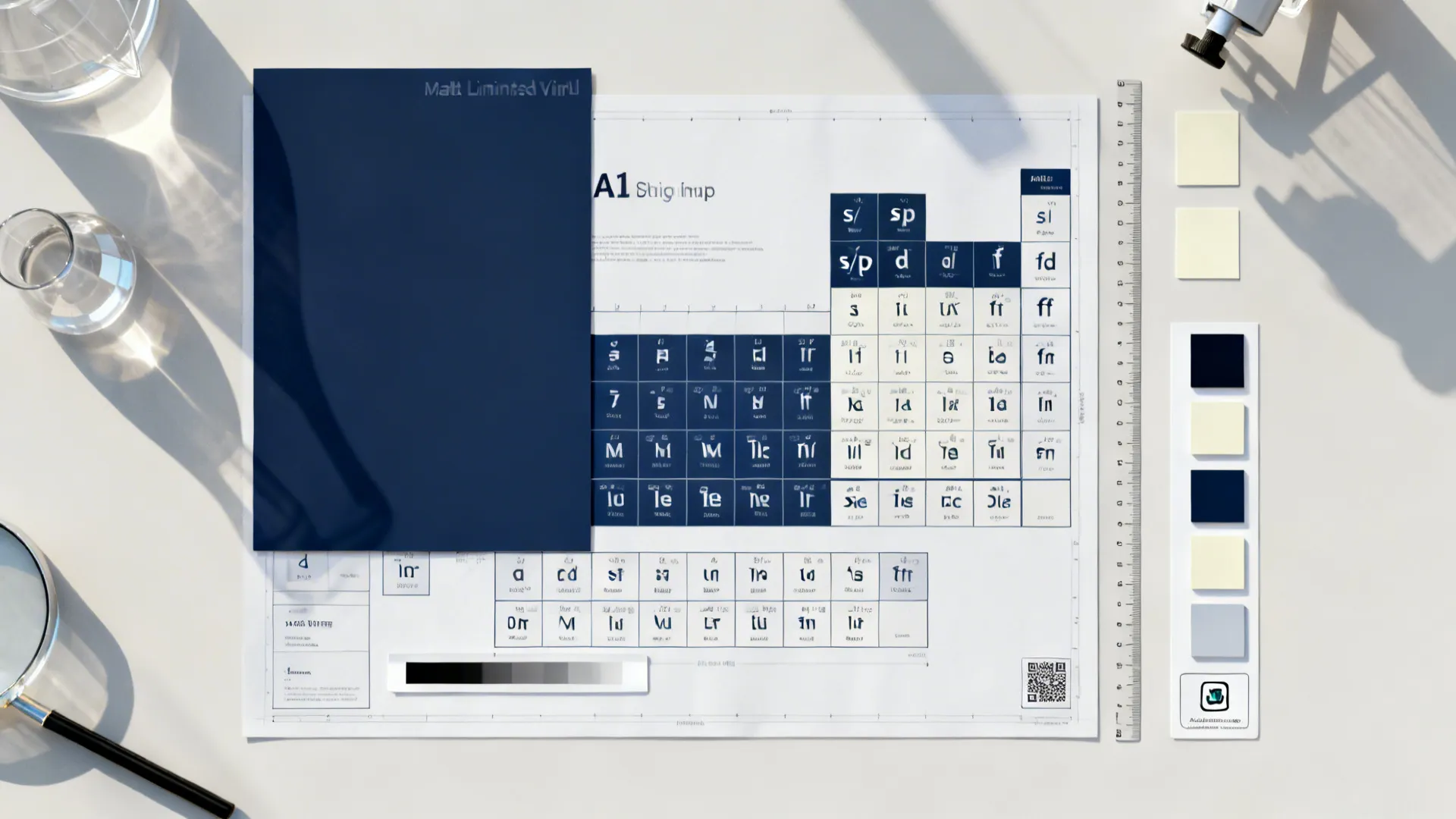 Flat lay of matte vinyl, palette chips, and layout plans for a periodic table chart.