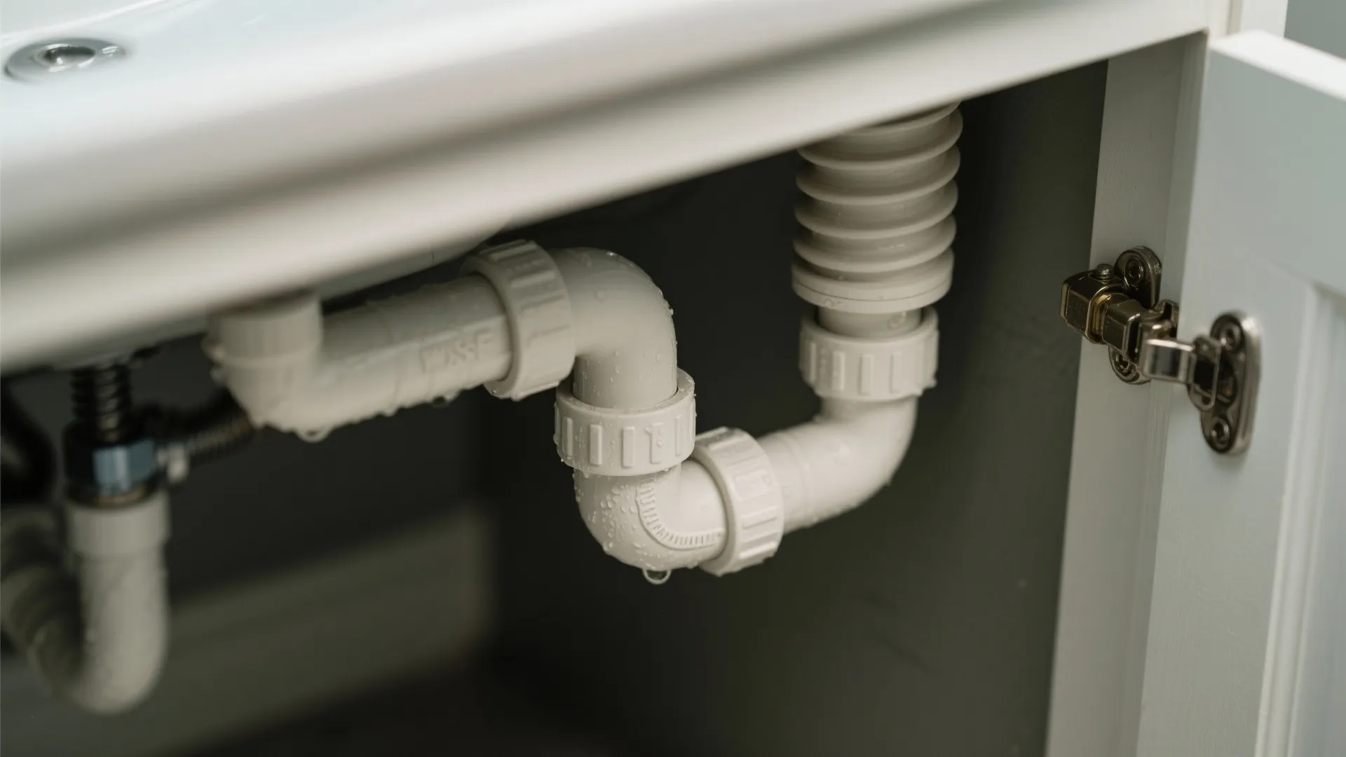 Macro of a properly installed P-trap and vent connection under a sink.