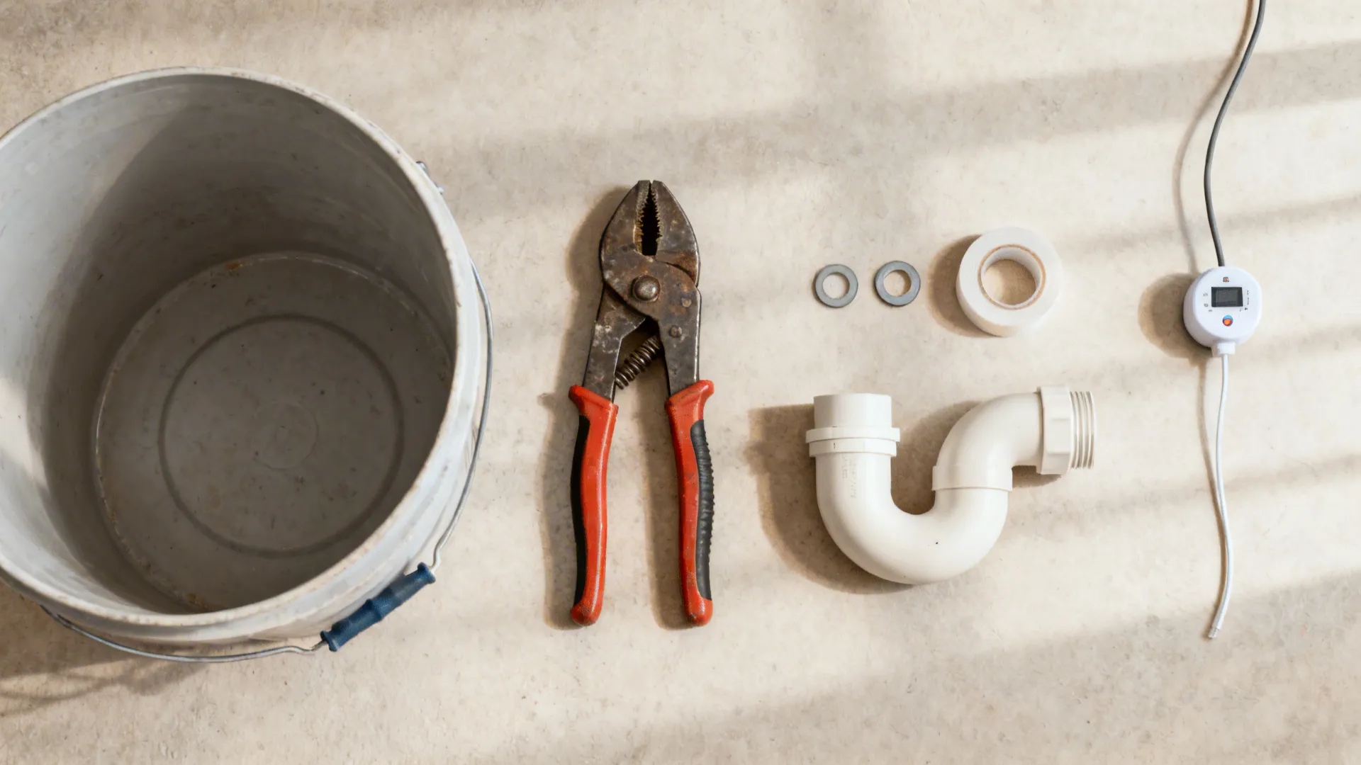 Top-down layout of tools and a PVC P-trap kit ready for under-sink replacement.