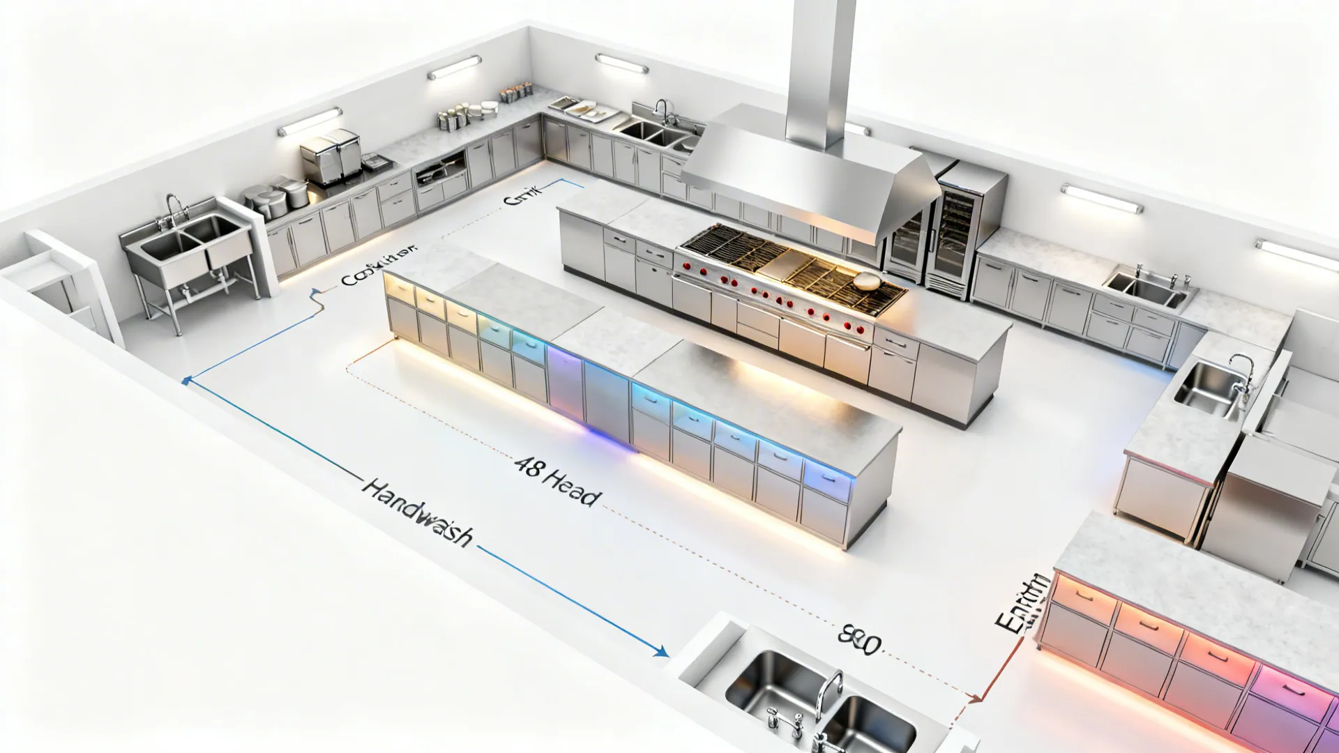 Top-down visual of a public kitchen showing separated zones, clear paths, handwash sinks, and hooded cookline.