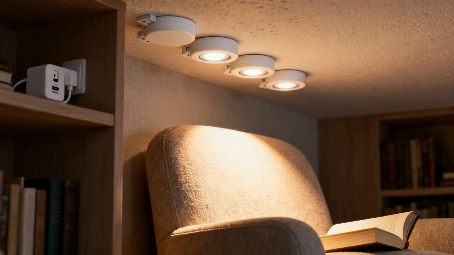 Cluster of slim rechargeable LED puck lights over a reading nook with USB charger nearby.