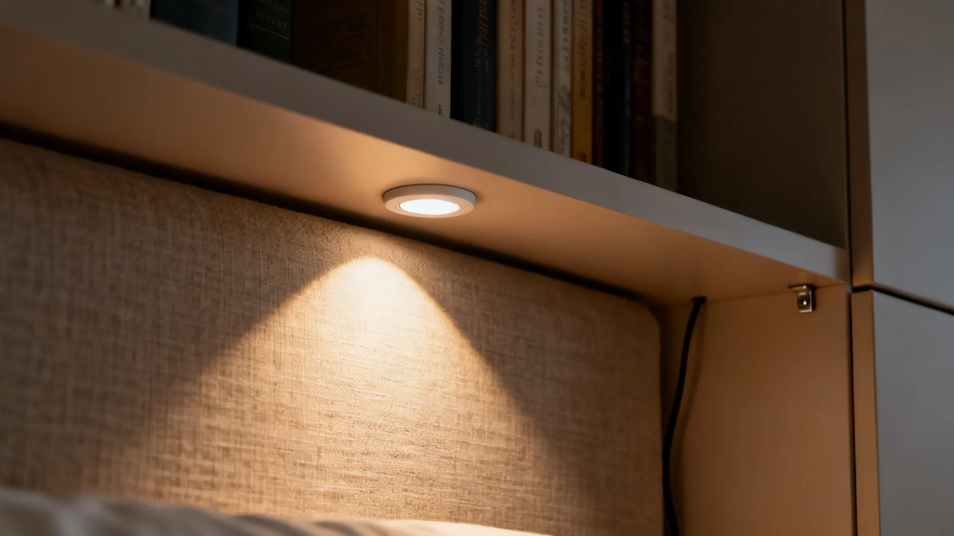 Close-up of a puck light under a bridge shelf illuminating a linen headboard with seamless, color-matched cabinetry.