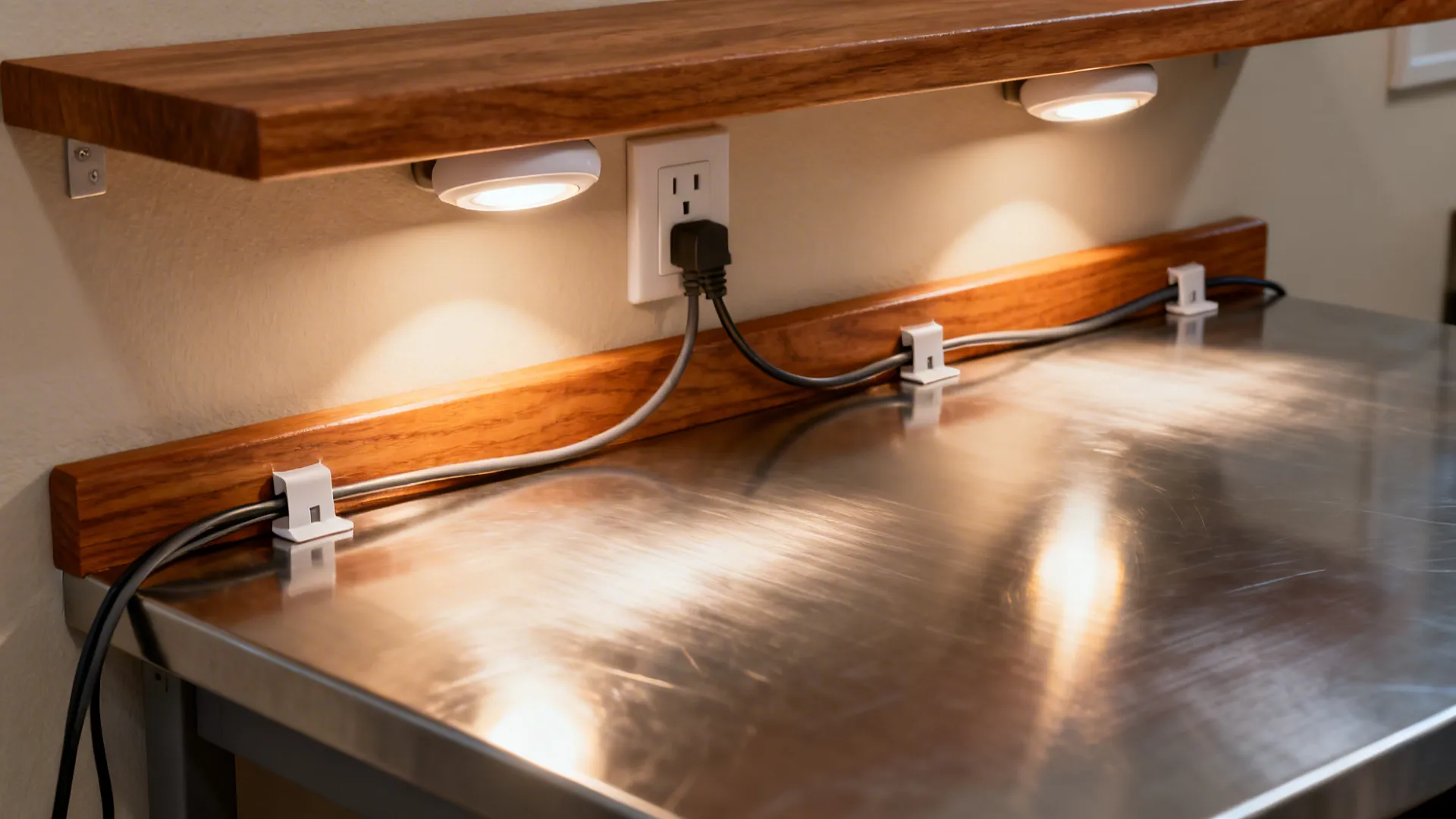 Macro of under-shelf plug-in puck lights and tidy cable clips over a stainless table.