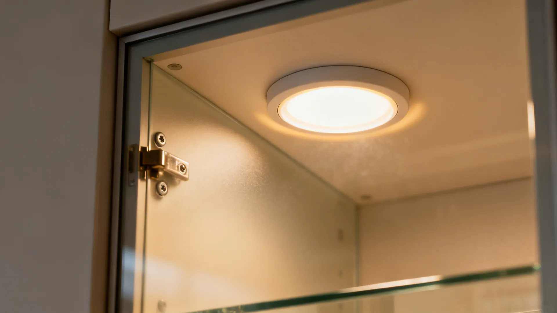 Small round warm light fixture glowing inside the top corner of a white kitchen cabinet