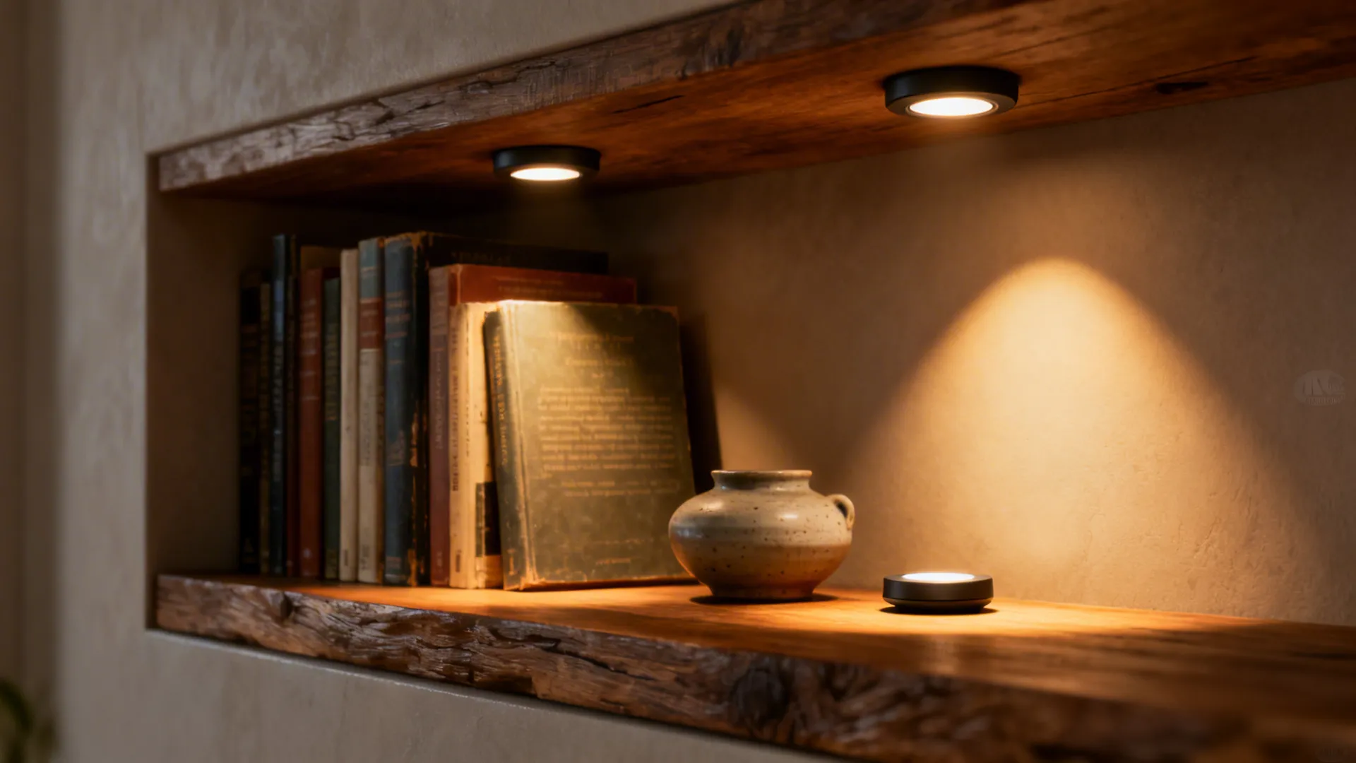 Built-in shelf alcove highlighted by warm rechargeable LED puck lights
