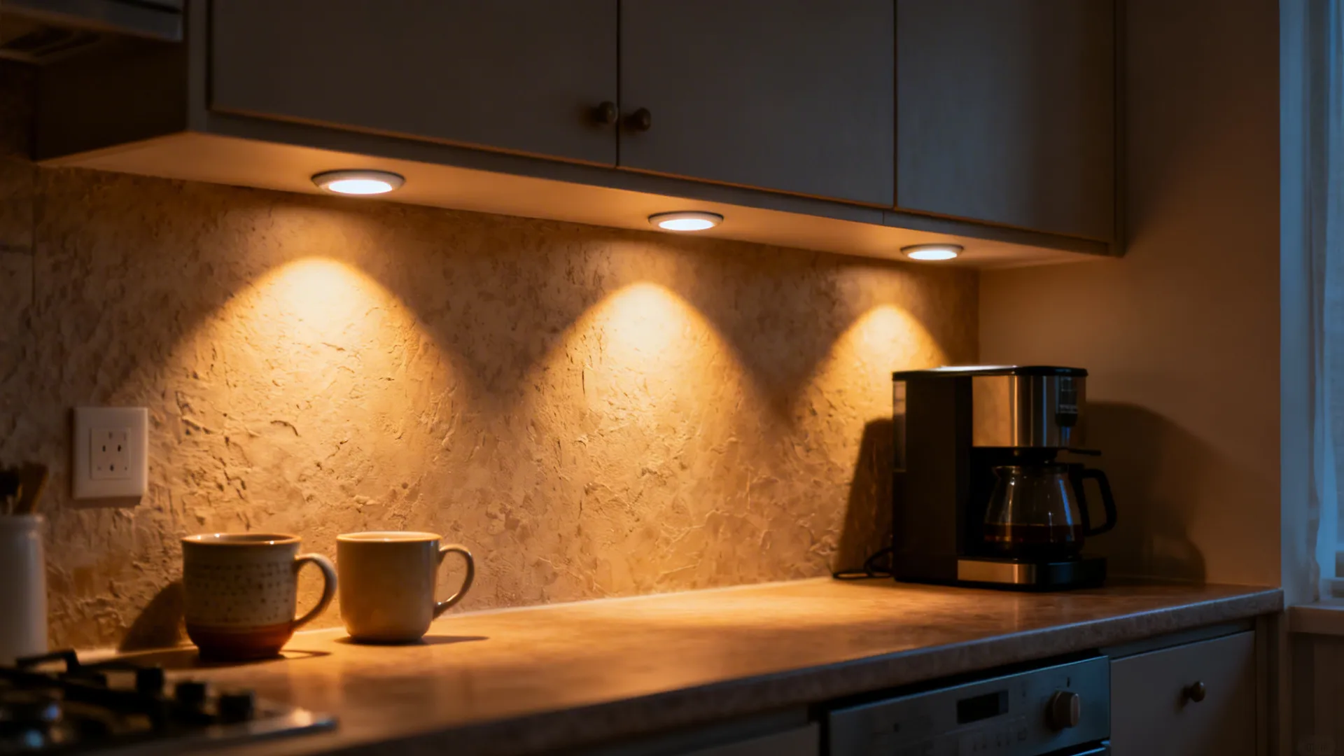 Warm puck lights create focused highlights on a textured backsplash and coffee nook.