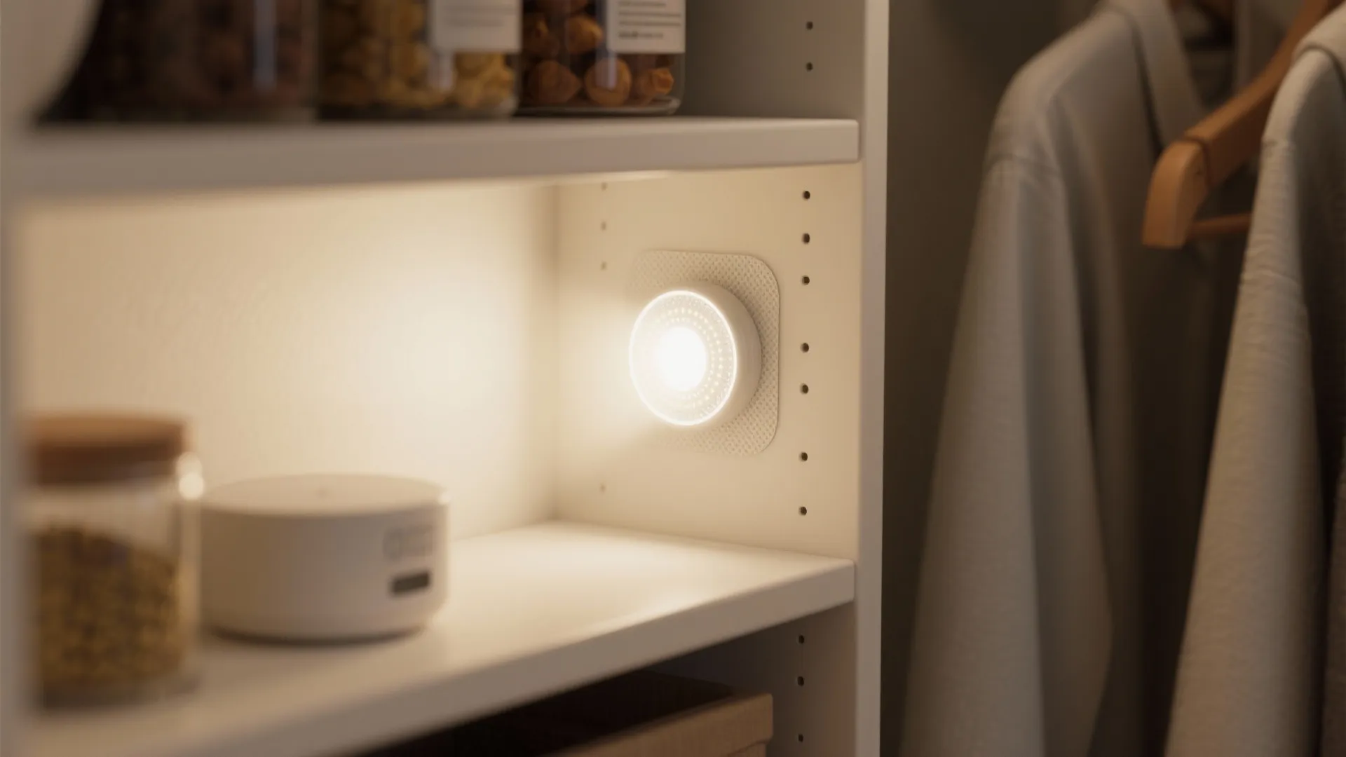 Round white battery operated light attached to a white shelf inside a dark storage closet