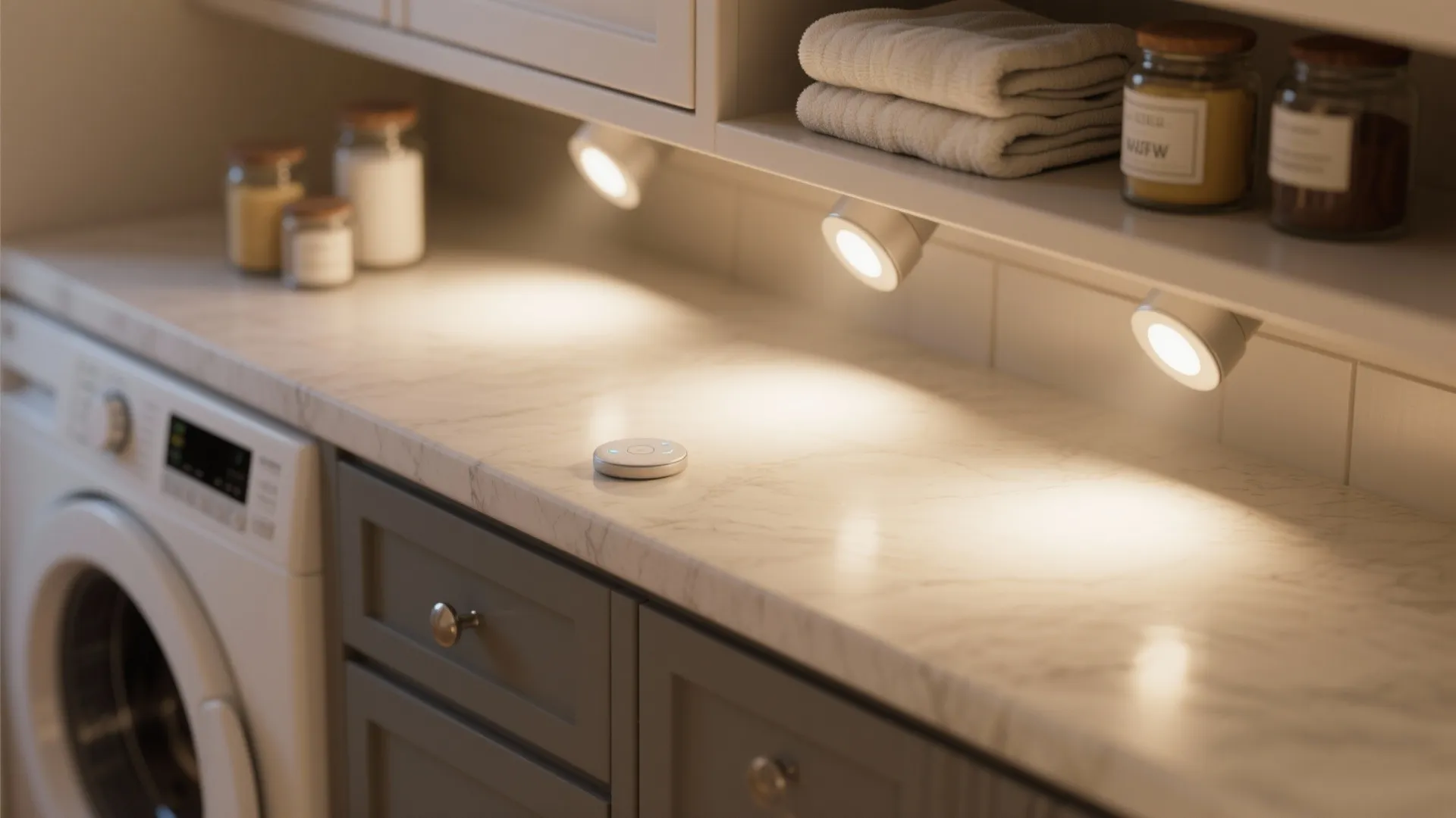 Under-cabinet puck lights creating focused task lighting on a laundry folding surface