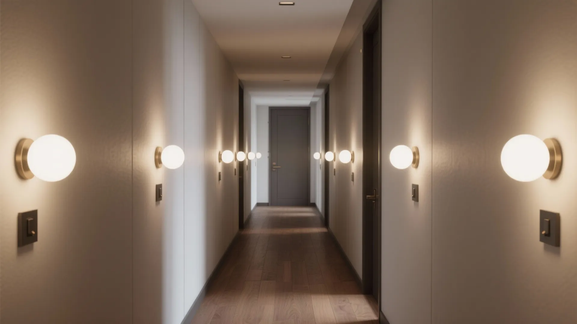 Long narrow hallway with dark wood flooring and multiple round wall light fixtures on walls