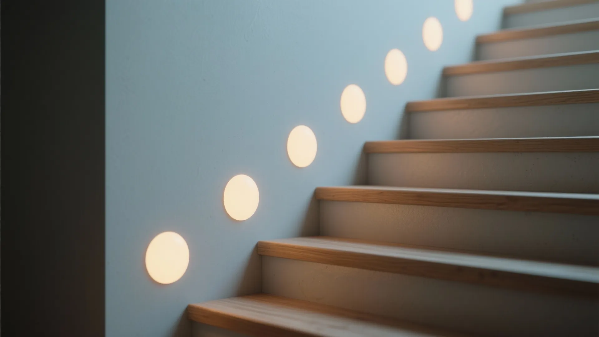 Step-mounted round puck lights forming a rhythmic pattern along stair risers