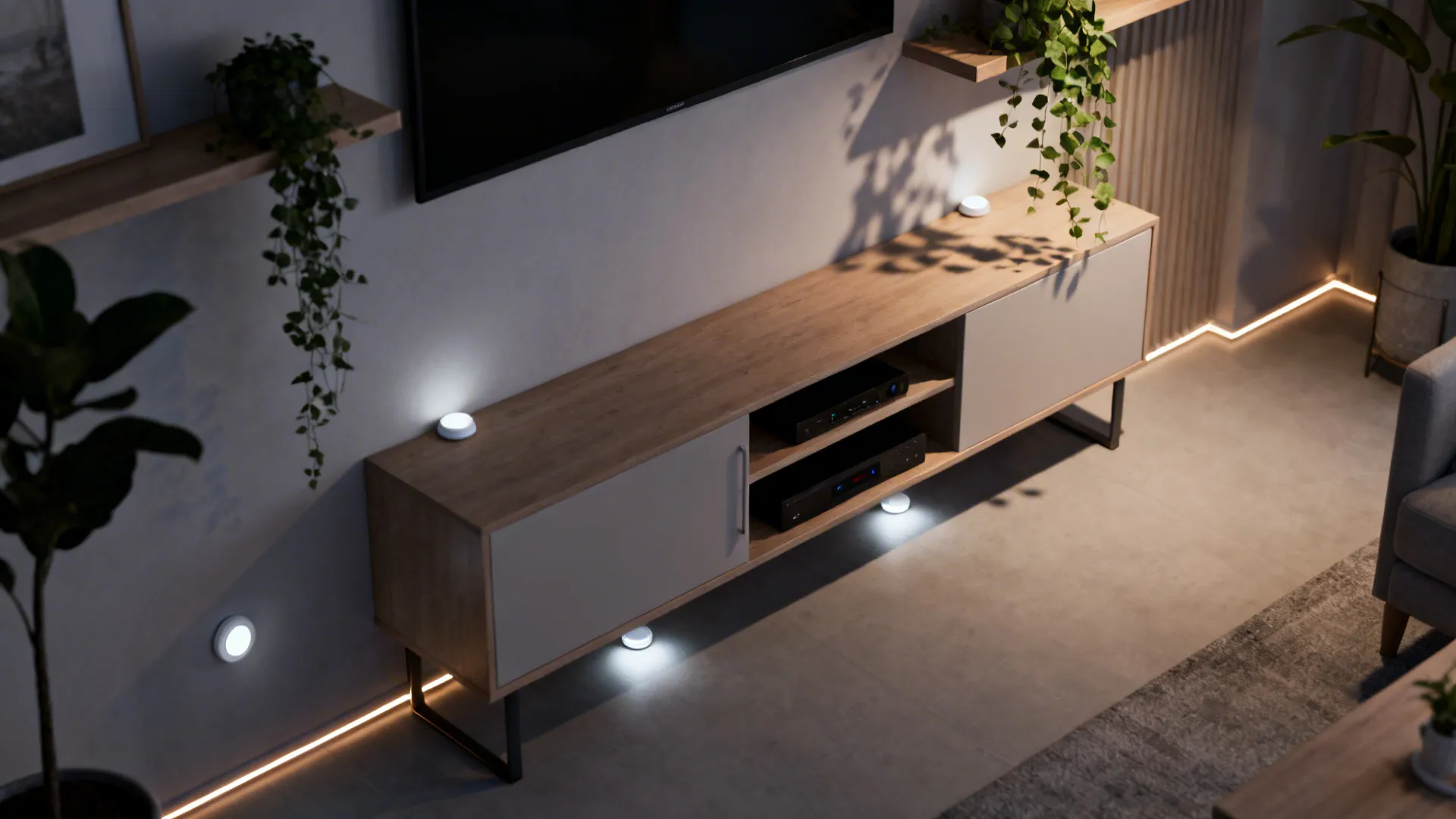 Top-down view of a media cabinet with motion-sensor battery puck lights under the shelf creating subtle accent glows.