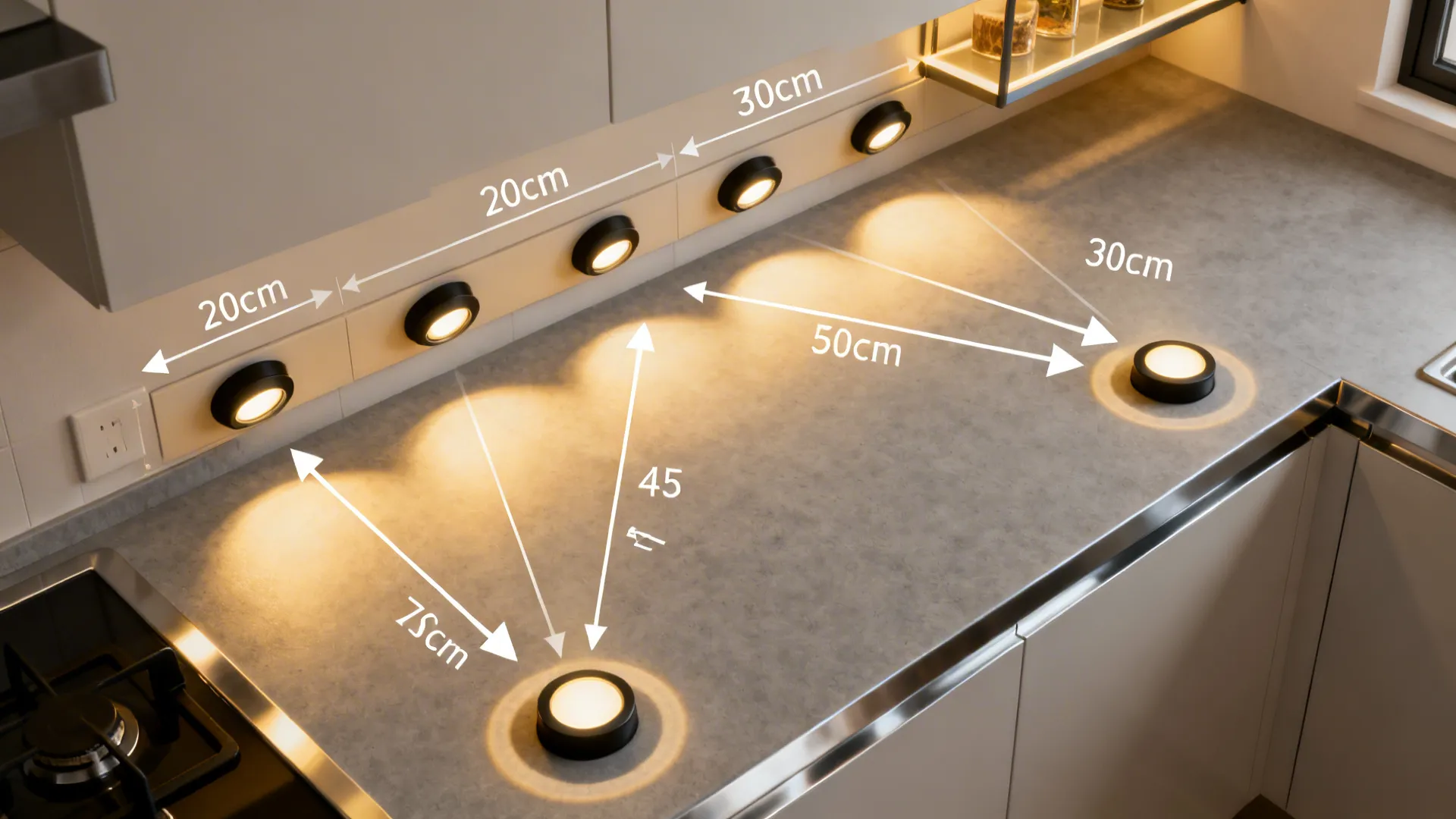 Top-down view showing ideal puck light spacing and angles over a small counter.