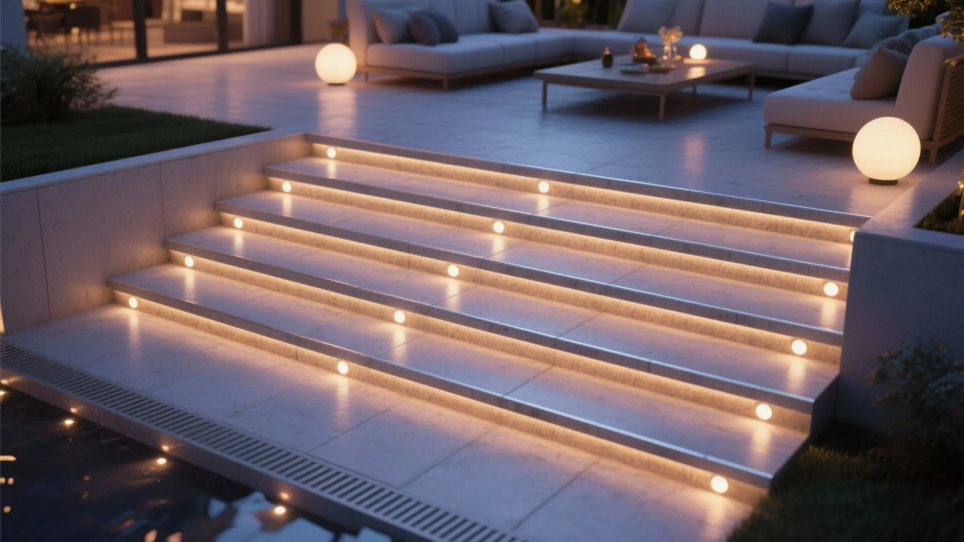 Outdoor stone stairs with round step lights leading to a modern patio with white sofas