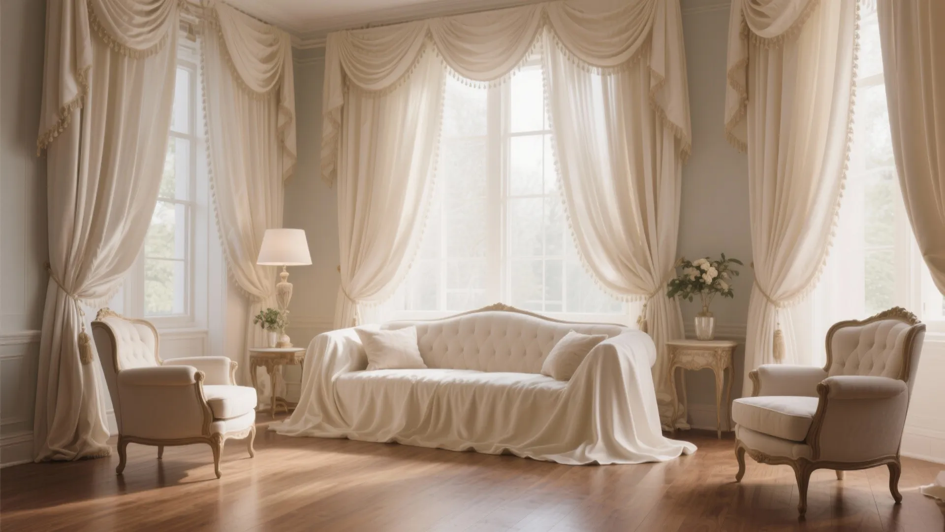 Classic living room with cream curtains touching the floor and white sofa with matching armchairs