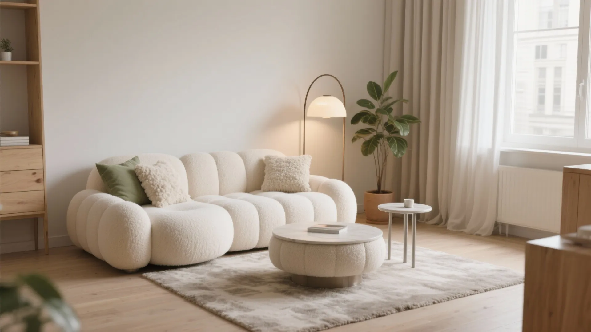Minimalist living room with white sofa round coffee table floor lamp green plant and curtains