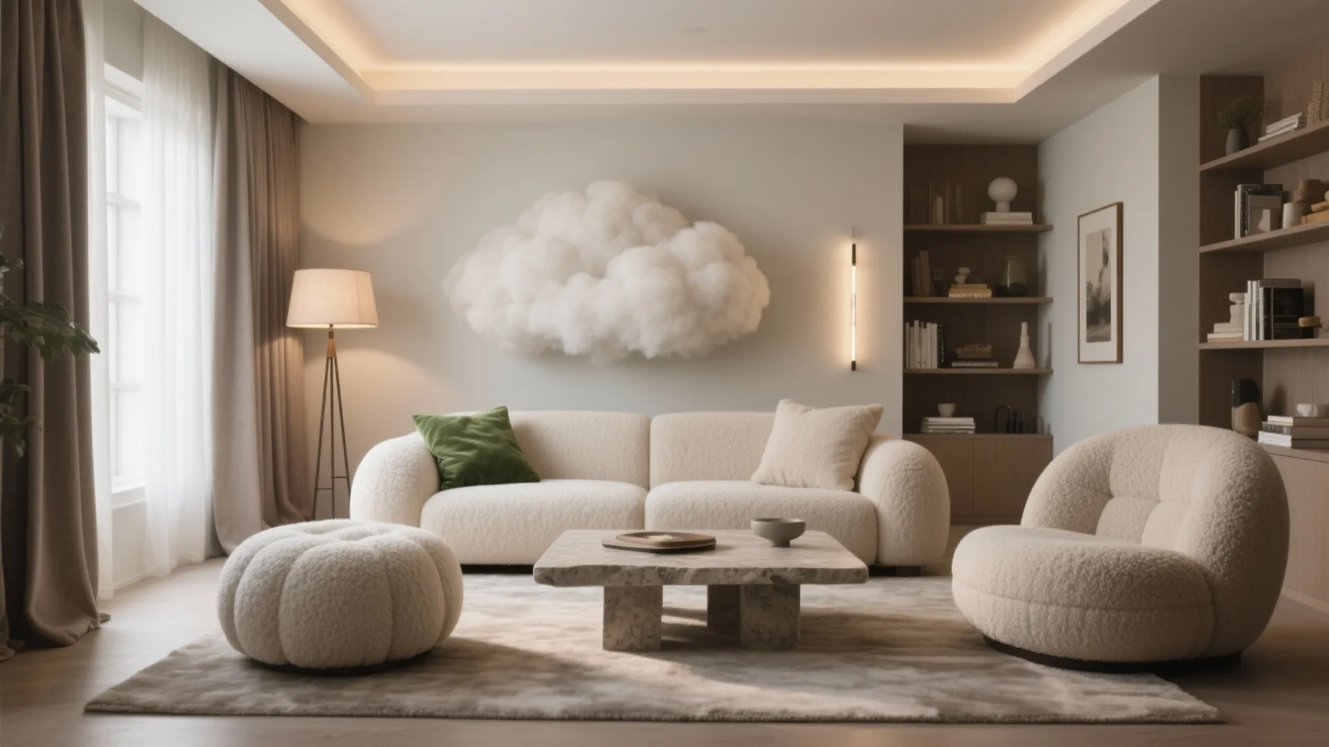 Modern cream living room with cloud wall art, curved white sofa, footrest, and floor lamp