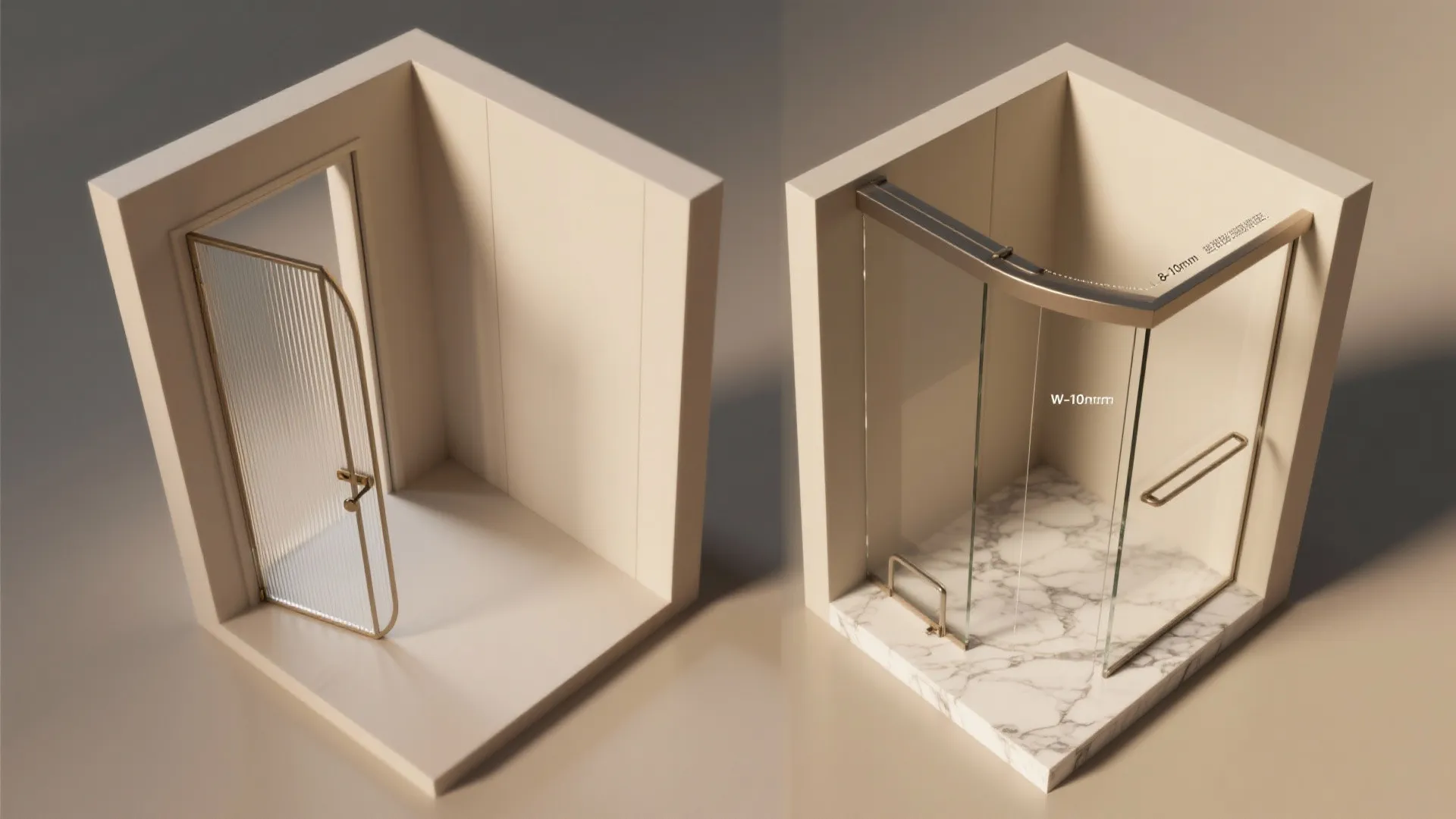 Interior design drawing comparing a single glass door and a curved glass walk in shower