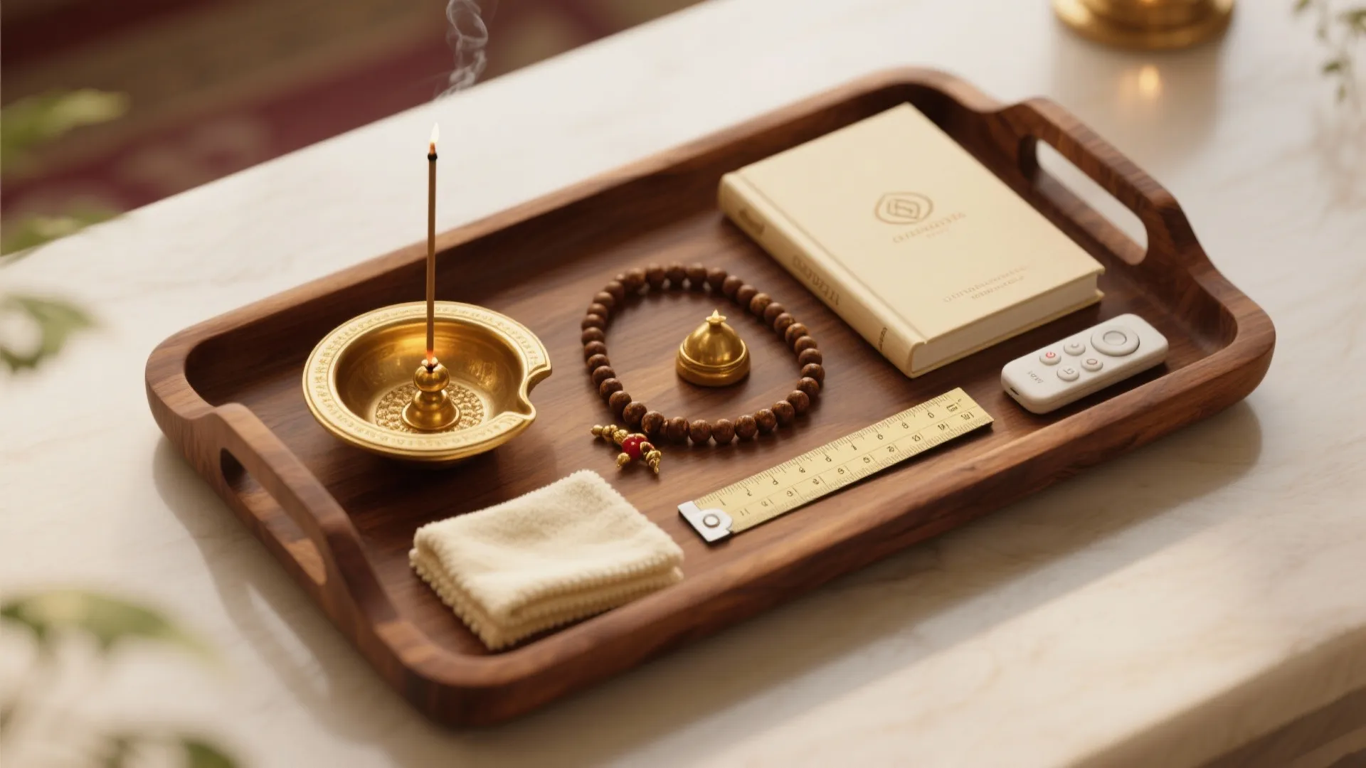 Wooden tray with burning incense in gold bowl prayer beads book small towel and gold ruler