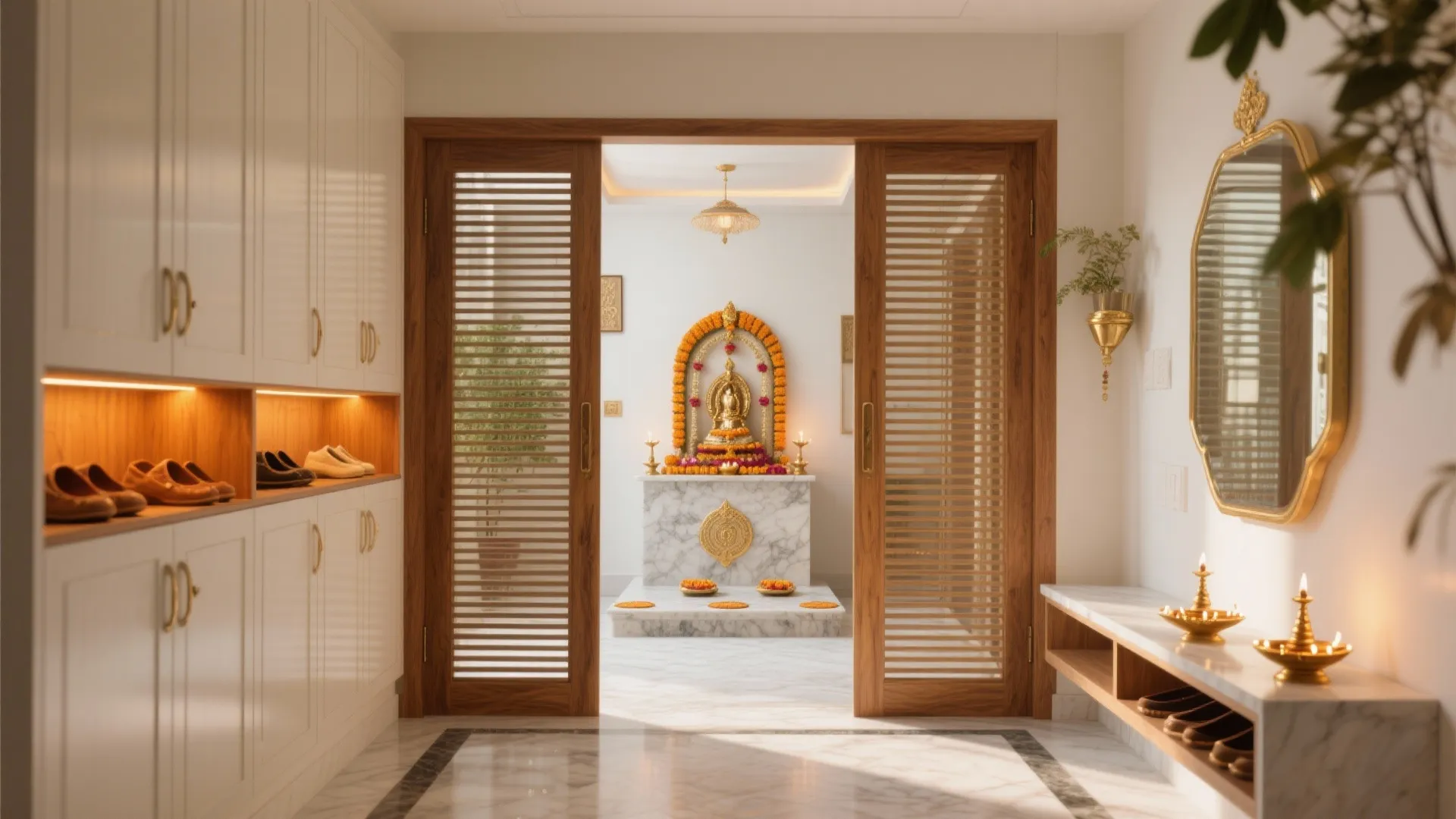 Puja room and a mindful foyer that respects Vastu