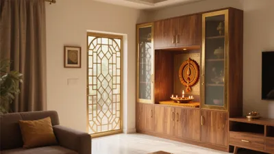 Warm Indian Living Room with Pooja Unit & Modern Comfort