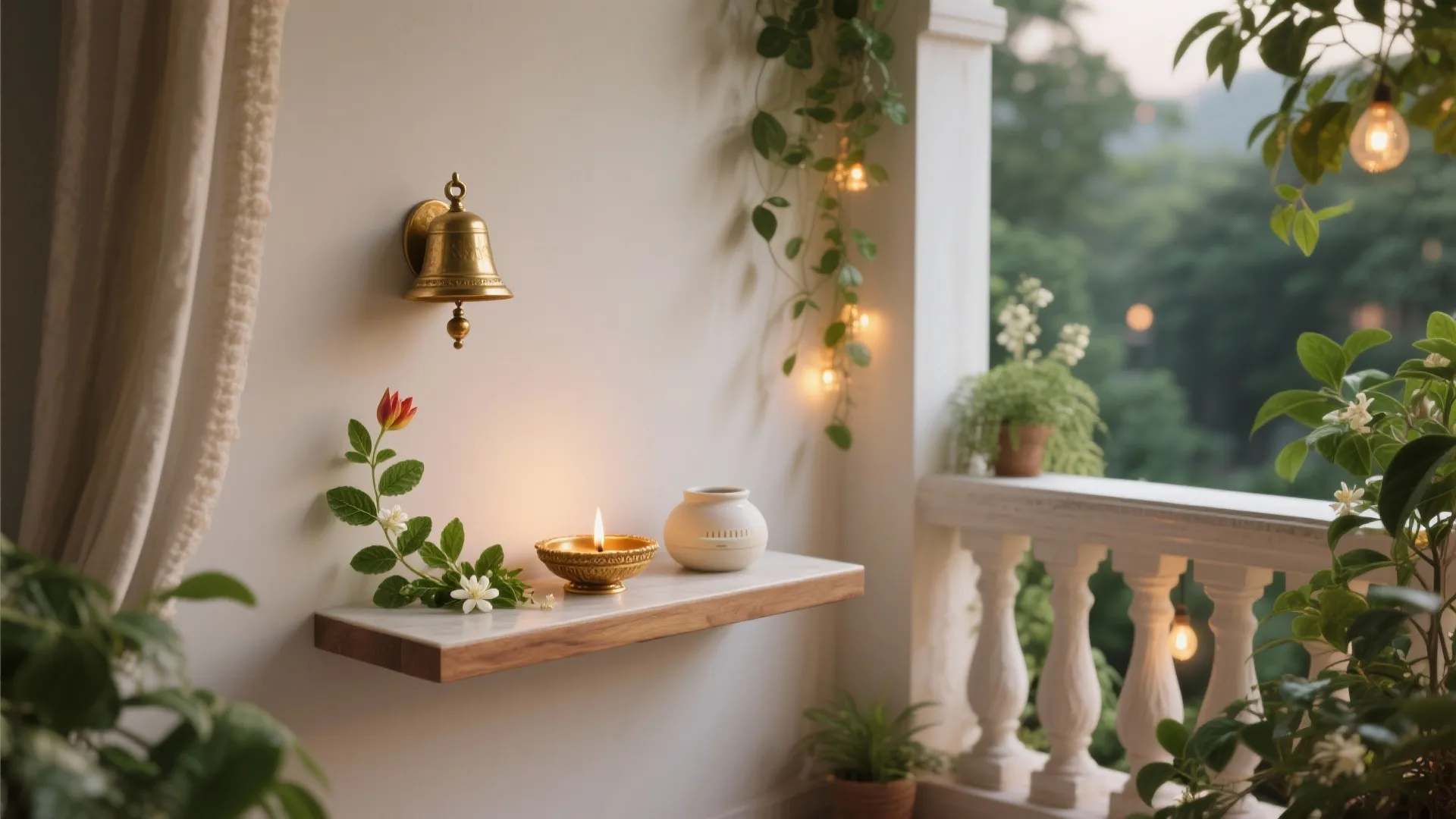 Greenery, Aroma, and a Calm Puja Shelf that Bridges In–Out