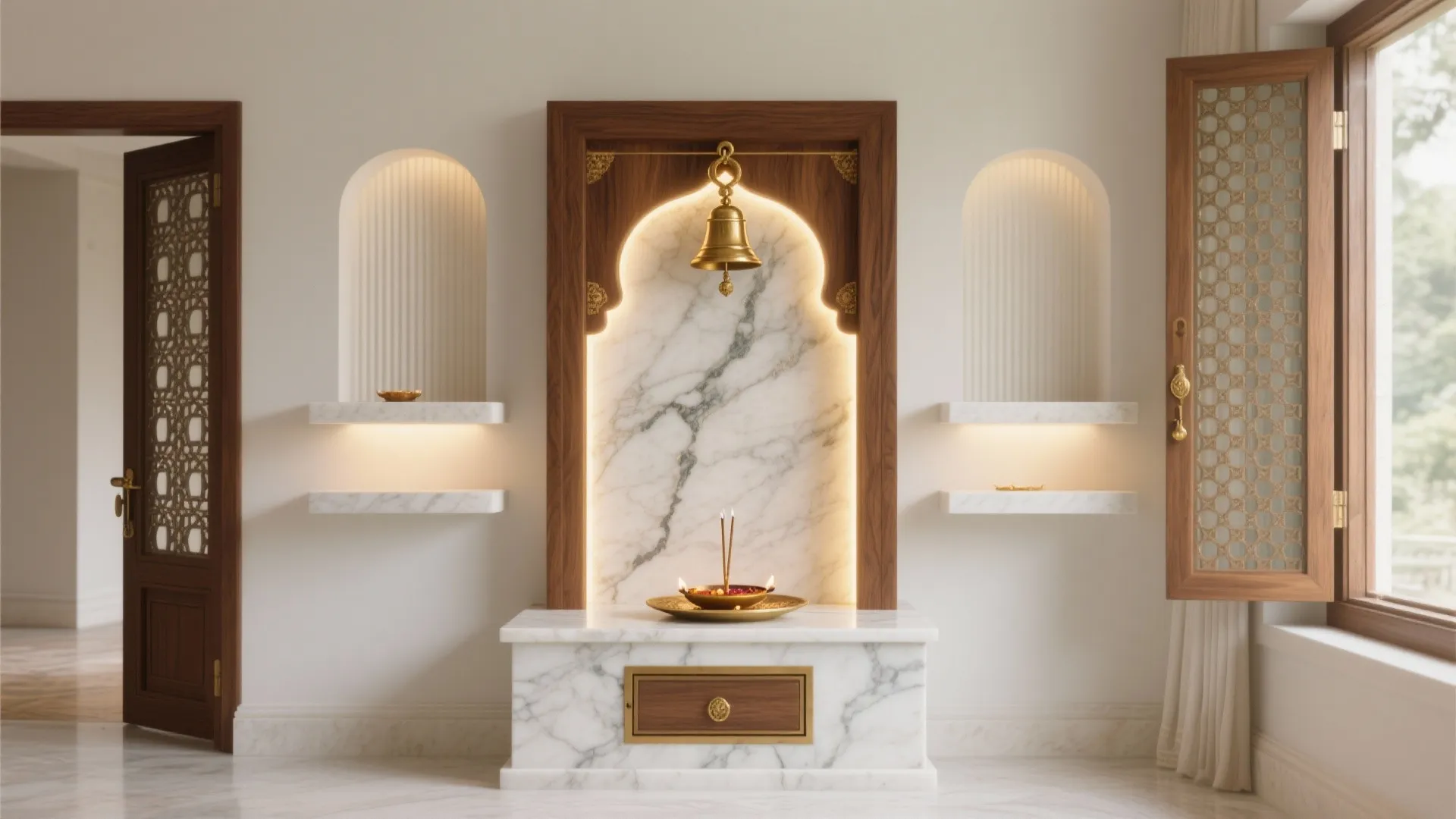 Modern white prayer room with wooden frame, marble wall, golden bell, and warm hidden lighting