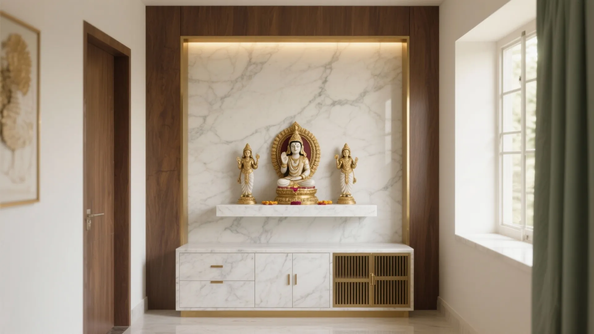 Modern prayer room featuring white marble wall gold statues white cabinet and wood wall panel design