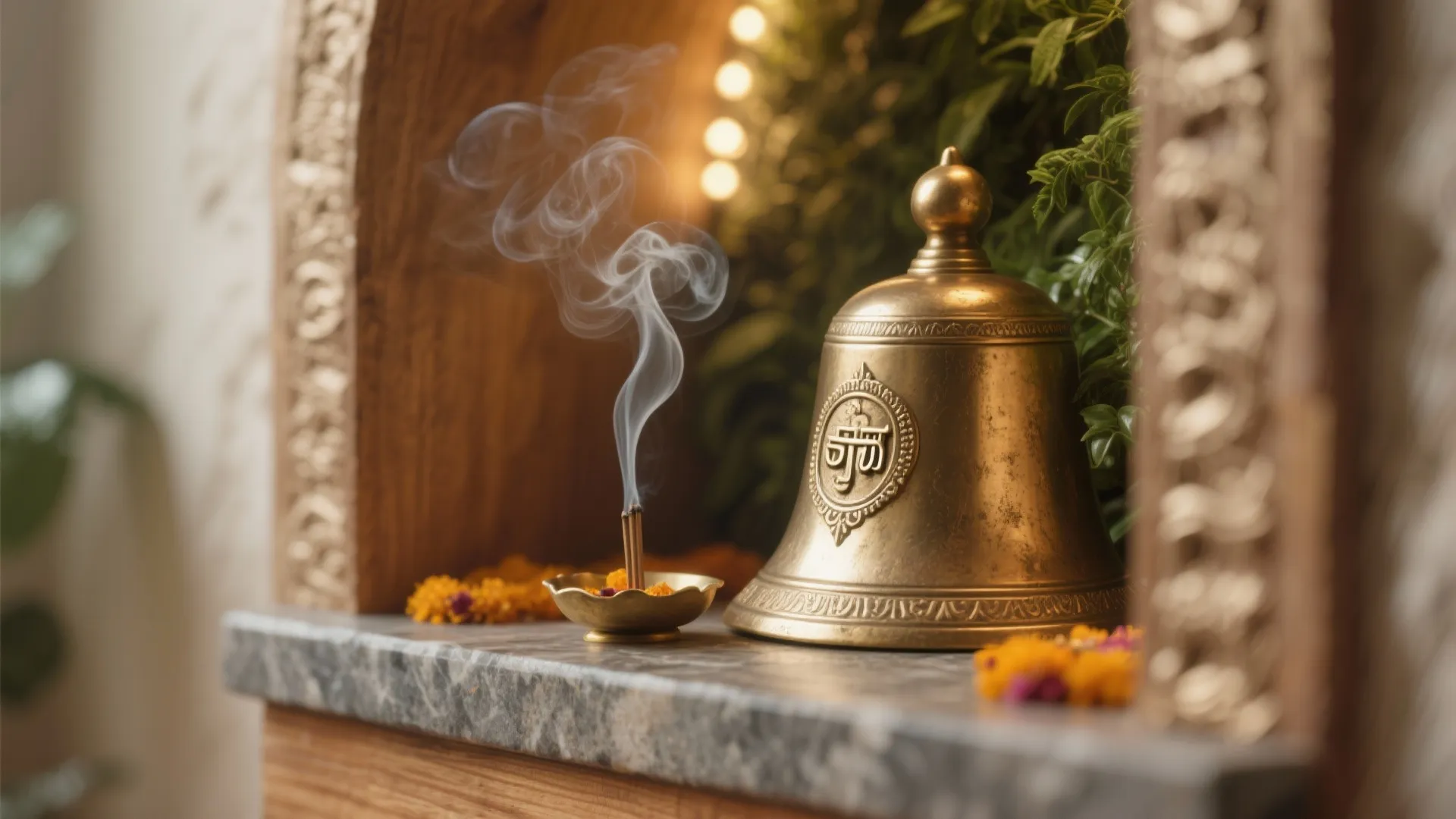 Macro of brushed brass bell, honed granite, and soft cove light with incense smoke in a Chennai puja nook.